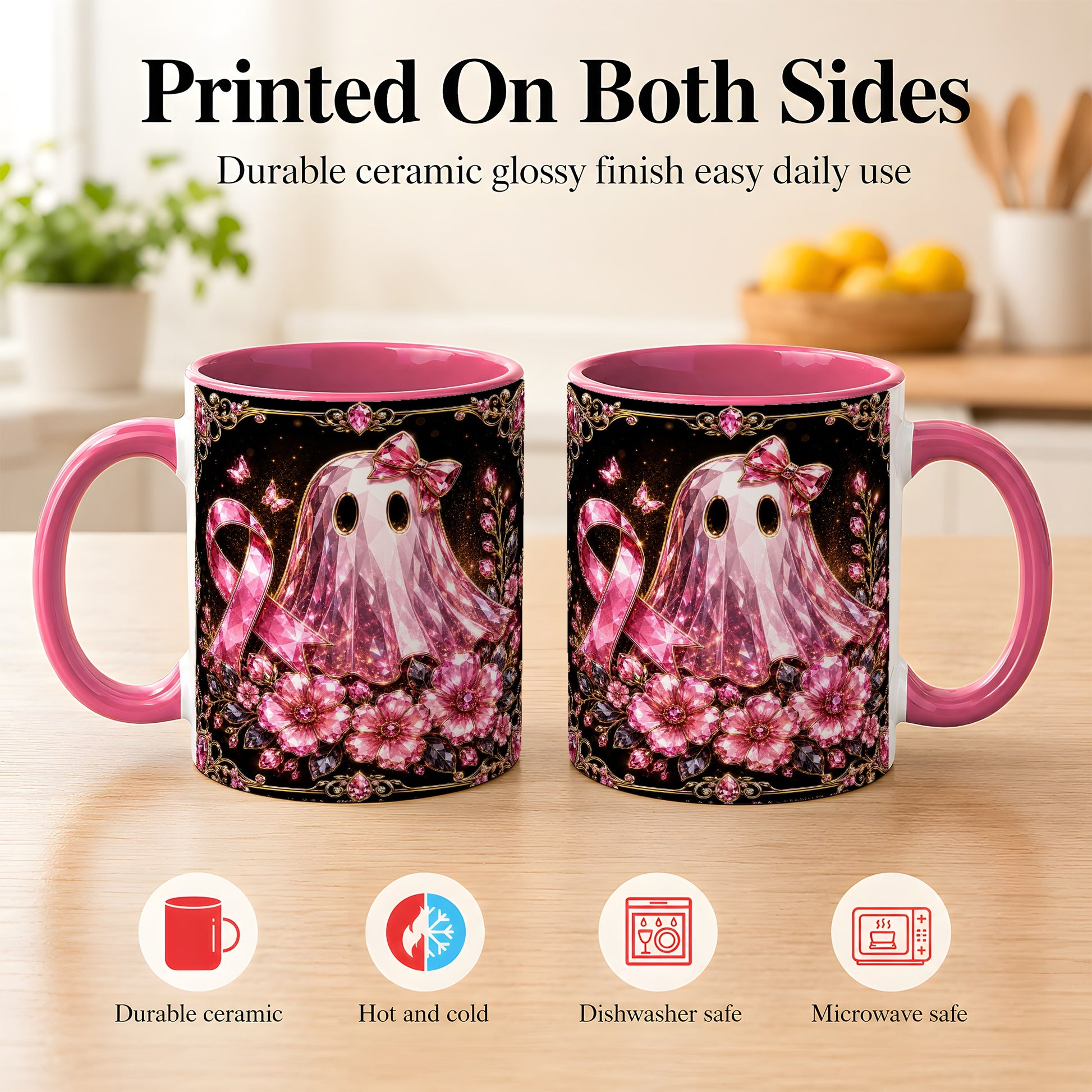 #pl[11oz|Pink] Pink Ribbon Ghost Coffee Mug, Floral Awareness Mug, Ceramic Cup