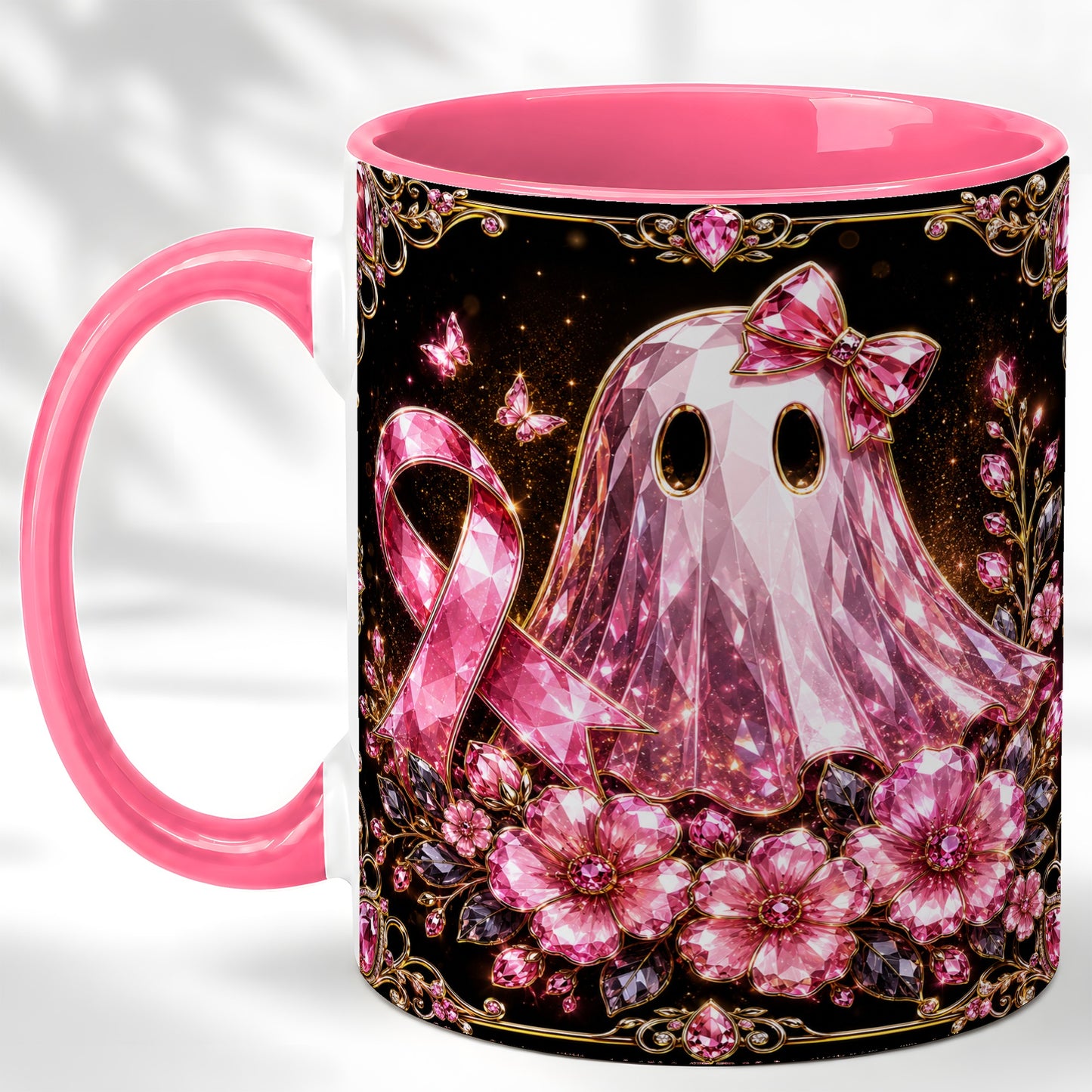 #pl[11oz|Pink] Pink Ribbon Ghost Coffee Mug, Floral Awareness Mug, Ceramic Cup