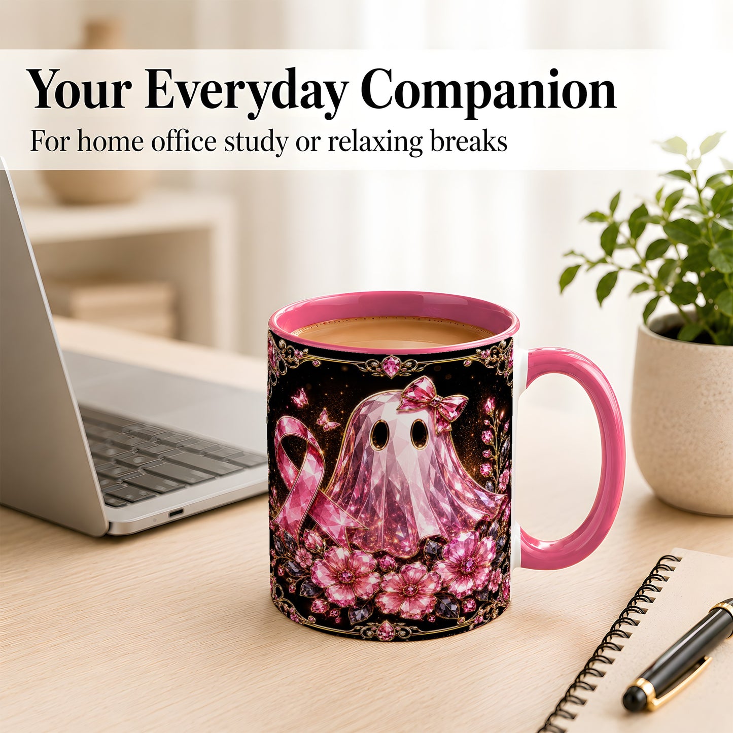 #pl[11oz|Pink] Pink Ribbon Ghost Coffee Mug, Floral Awareness Mug, Ceramic Cup