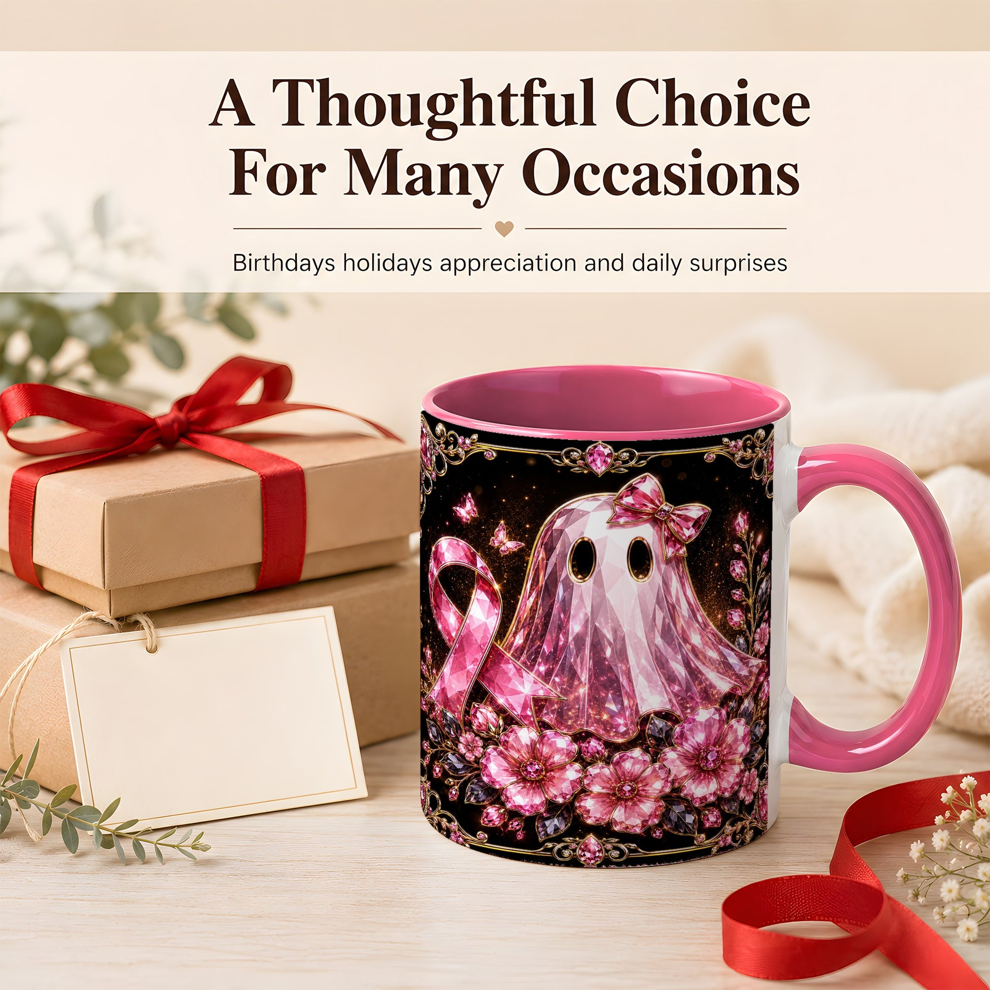 #pl[11oz|Pink] Pink Ribbon Ghost Coffee Mug, Floral Awareness Mug, Ceramic Cup
