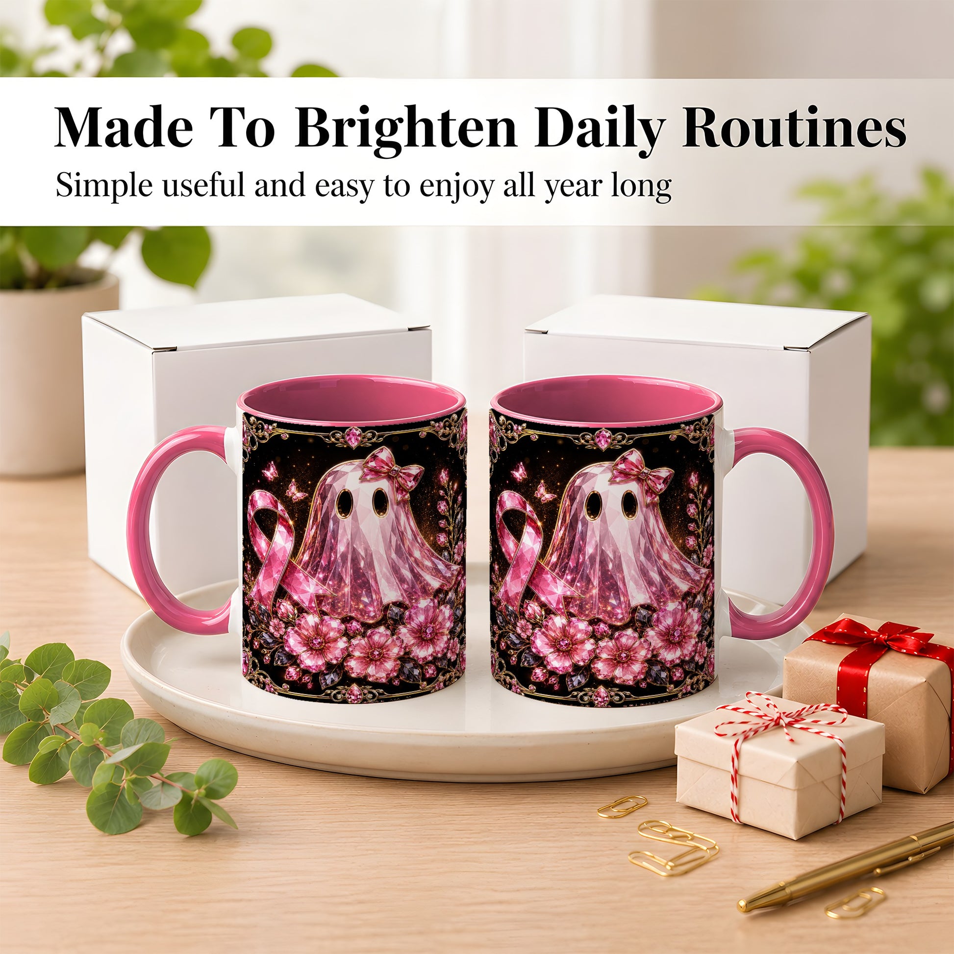#pl[11oz|Pink] Pink Ribbon Ghost Coffee Mug, Floral Awareness Mug, Ceramic Cup