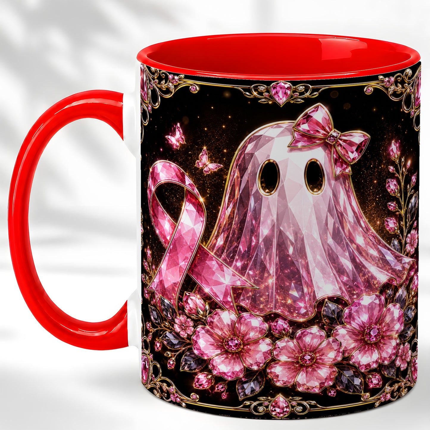 #pl[11oz|Red] Pink Ribbon Ghost Coffee Mug, Floral Awareness Mug, Ceramic Cup