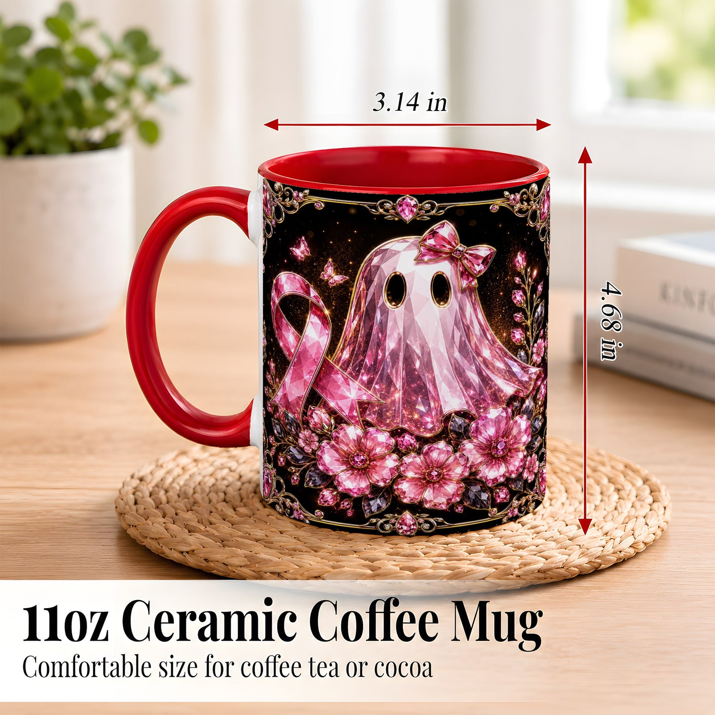 #pl[11oz|Red] Pink Ribbon Ghost Coffee Mug, Floral Awareness Mug, Ceramic Cup