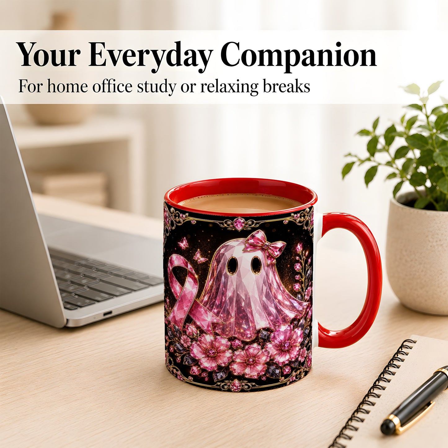 #pl[11oz|Red] Pink Ribbon Ghost Coffee Mug, Floral Awareness Mug, Ceramic Cup