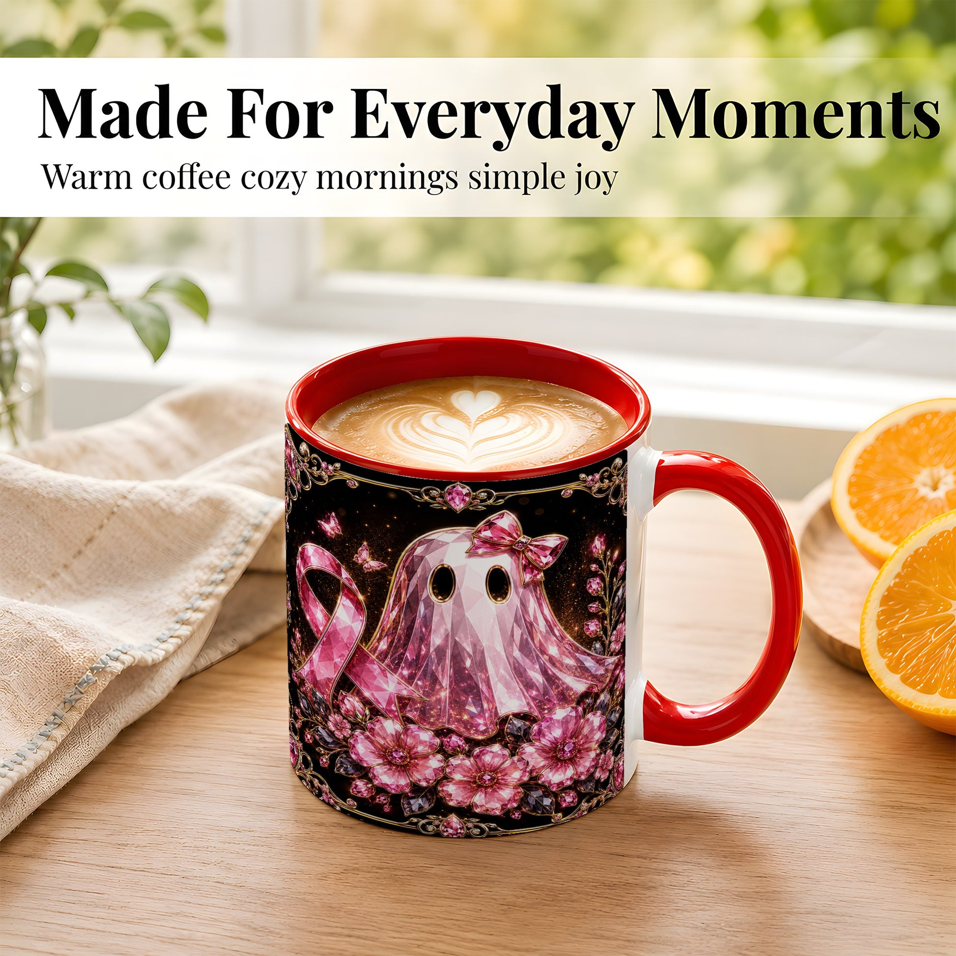 #pl[11oz|Red] Pink Ribbon Ghost Coffee Mug, Floral Awareness Mug, Ceramic Cup