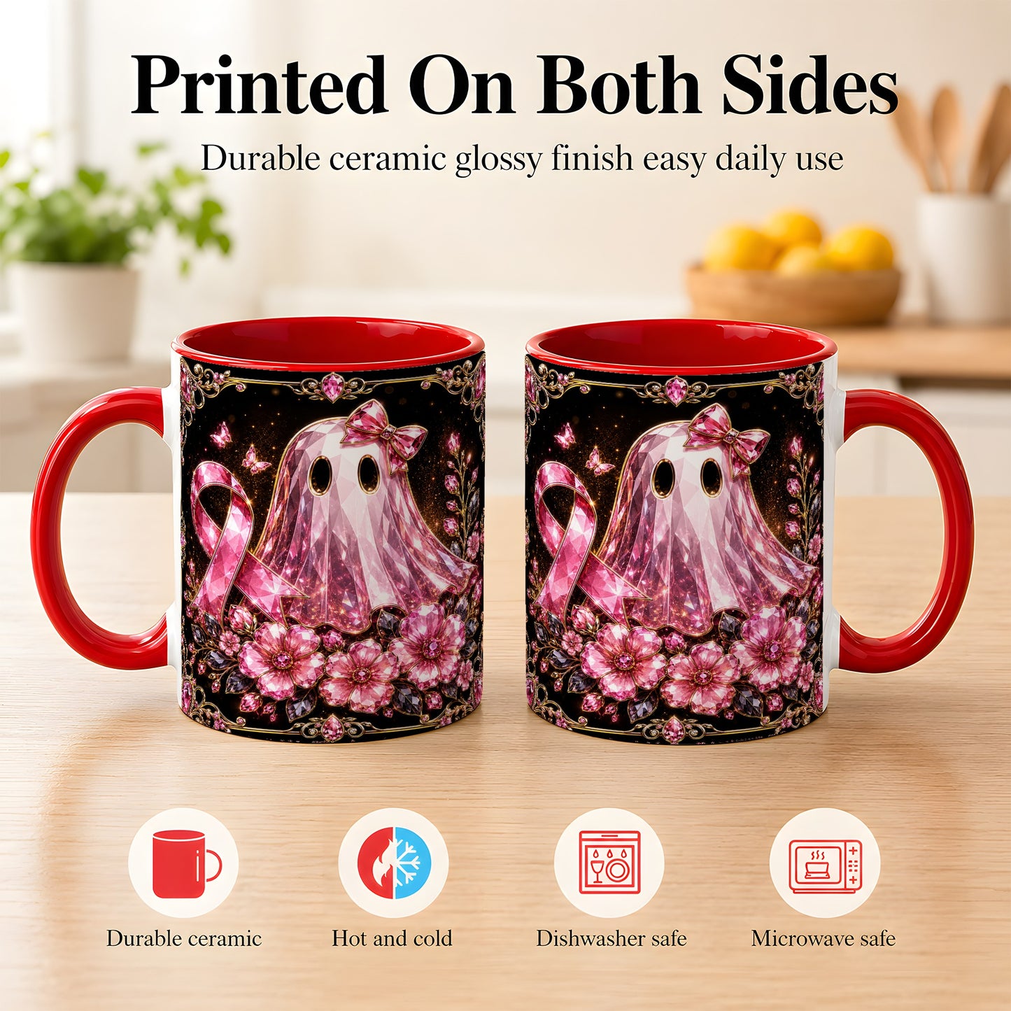 #pl[11oz|Red] Pink Ribbon Ghost Coffee Mug, Floral Awareness Mug, Ceramic Cup