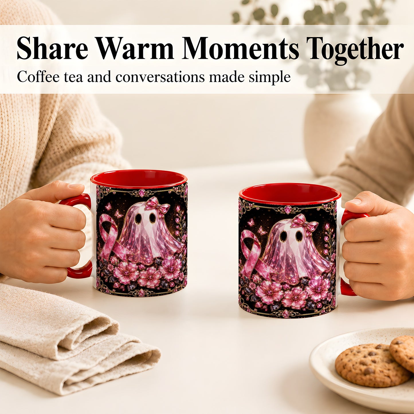 #pl[11oz|Red] Pink Ribbon Ghost Coffee Mug, Floral Awareness Mug, Ceramic Cup