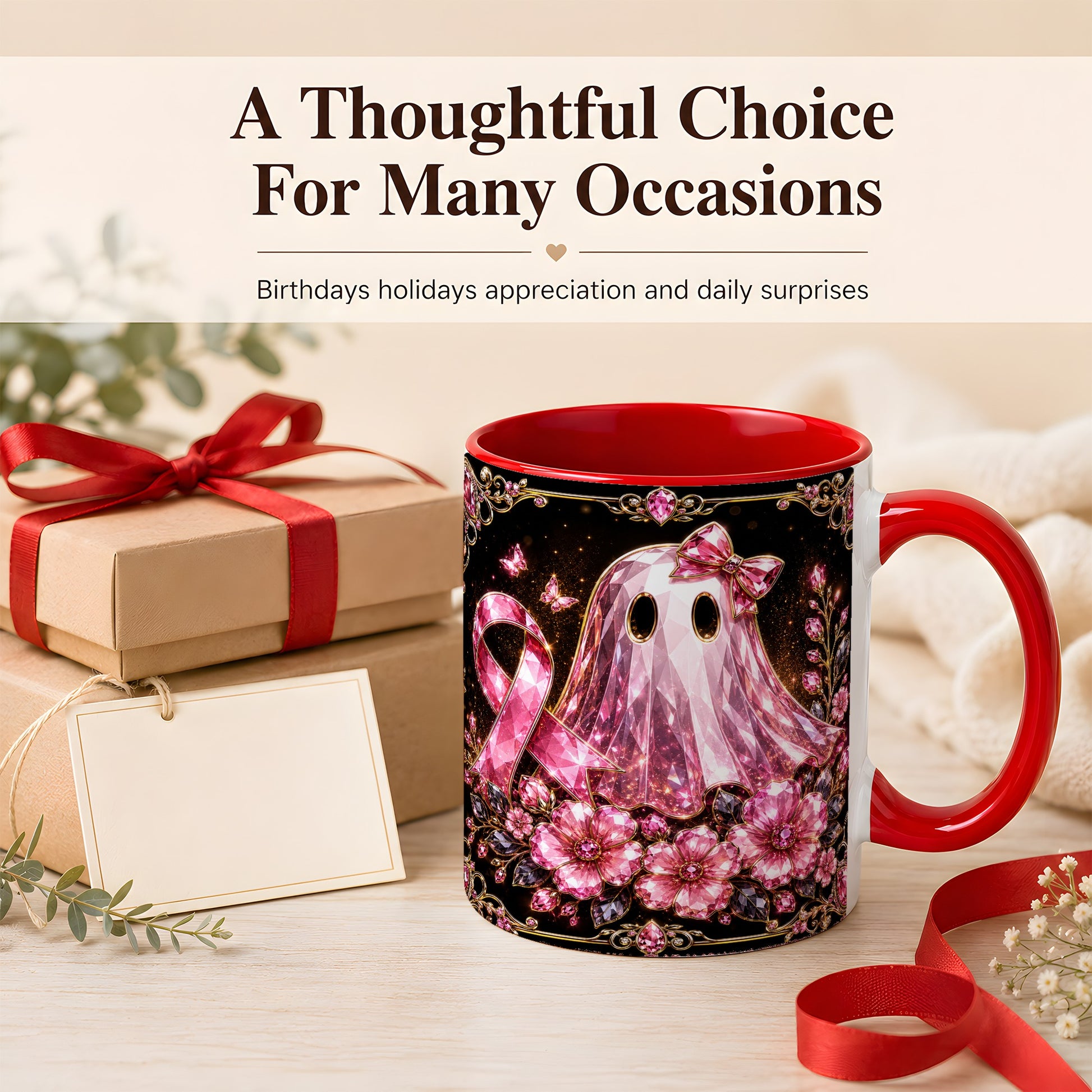 #pl[11oz|Red] Pink Ribbon Ghost Coffee Mug, Floral Awareness Mug, Ceramic Cup