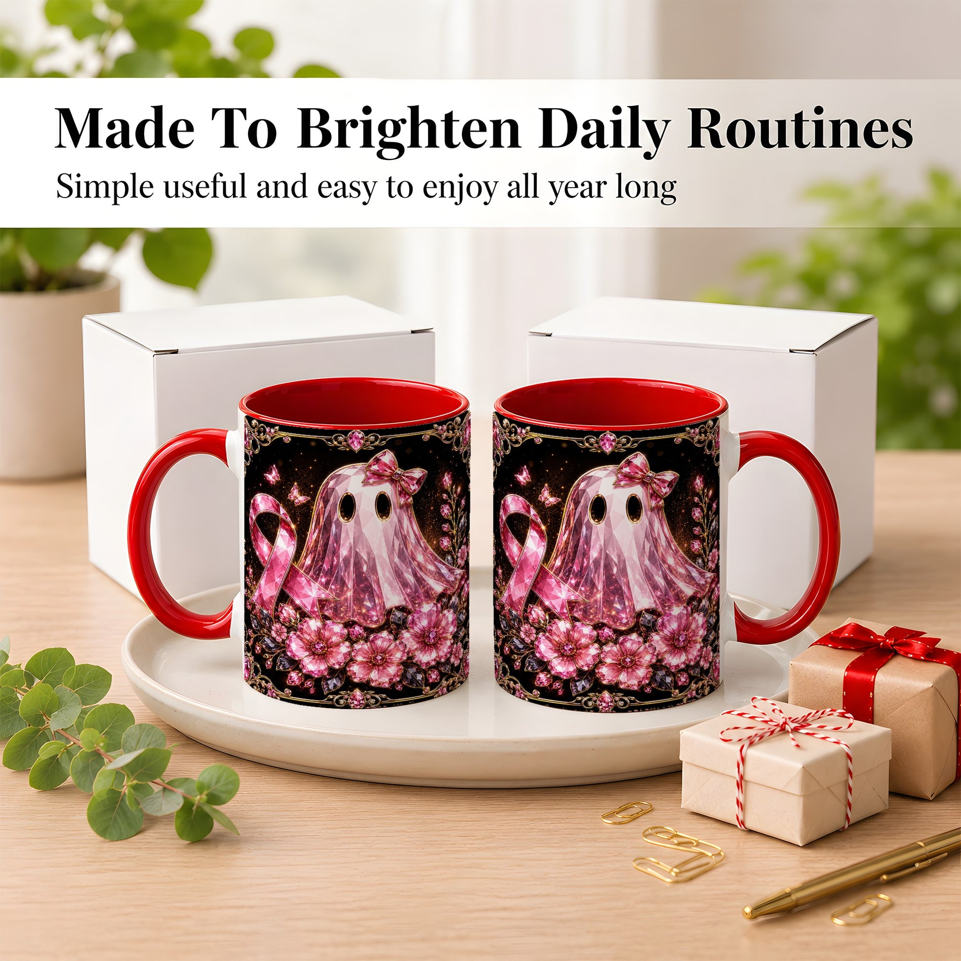 #pl[11oz|Red] Pink Ribbon Ghost Coffee Mug, Floral Awareness Mug, Ceramic Cup