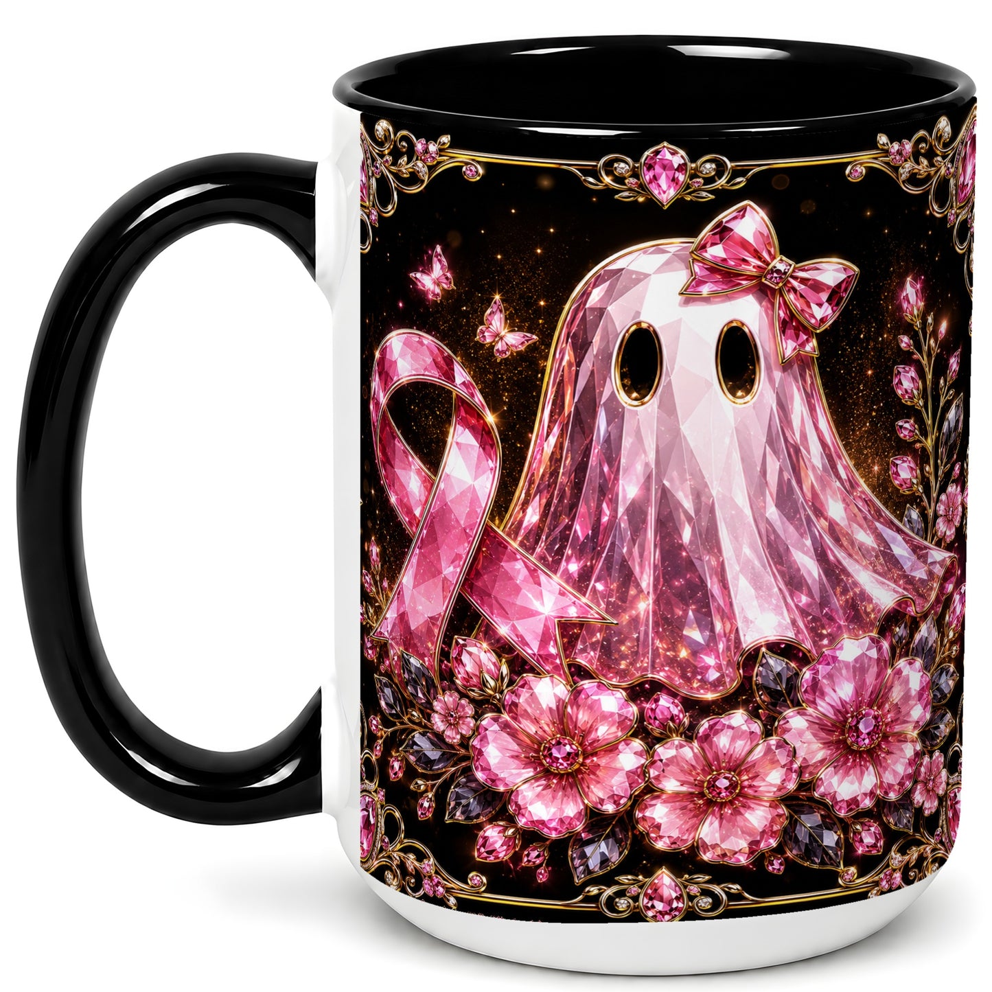#pl[15oz|Black] Pink Ribbon Ghost Coffee Mug, Floral Awareness Mug, Ceramic Cup