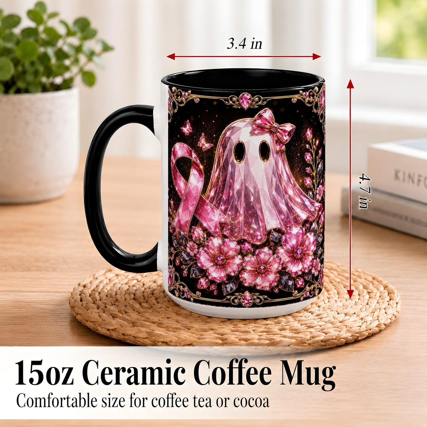 #pl[15oz|Black] Pink Ribbon Ghost Coffee Mug, Floral Awareness Mug, Ceramic Cup