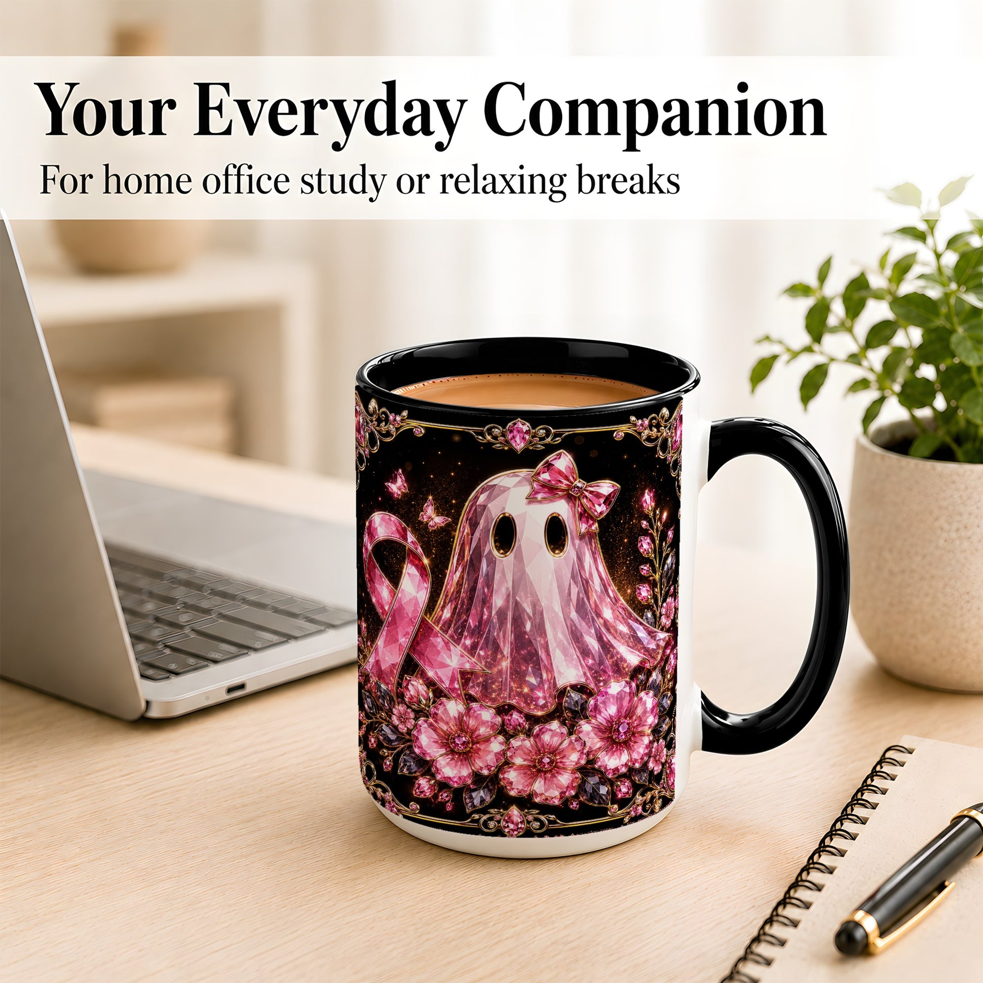 #pl[15oz|Black] Pink Ribbon Ghost Coffee Mug, Floral Awareness Mug, Ceramic Cup