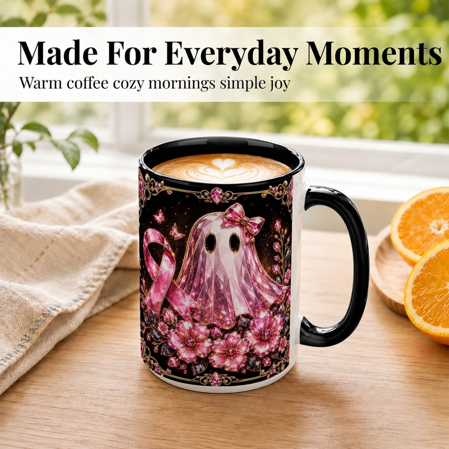 #pl[15oz|Black] Pink Ribbon Ghost Coffee Mug, Floral Awareness Mug, Ceramic Cup