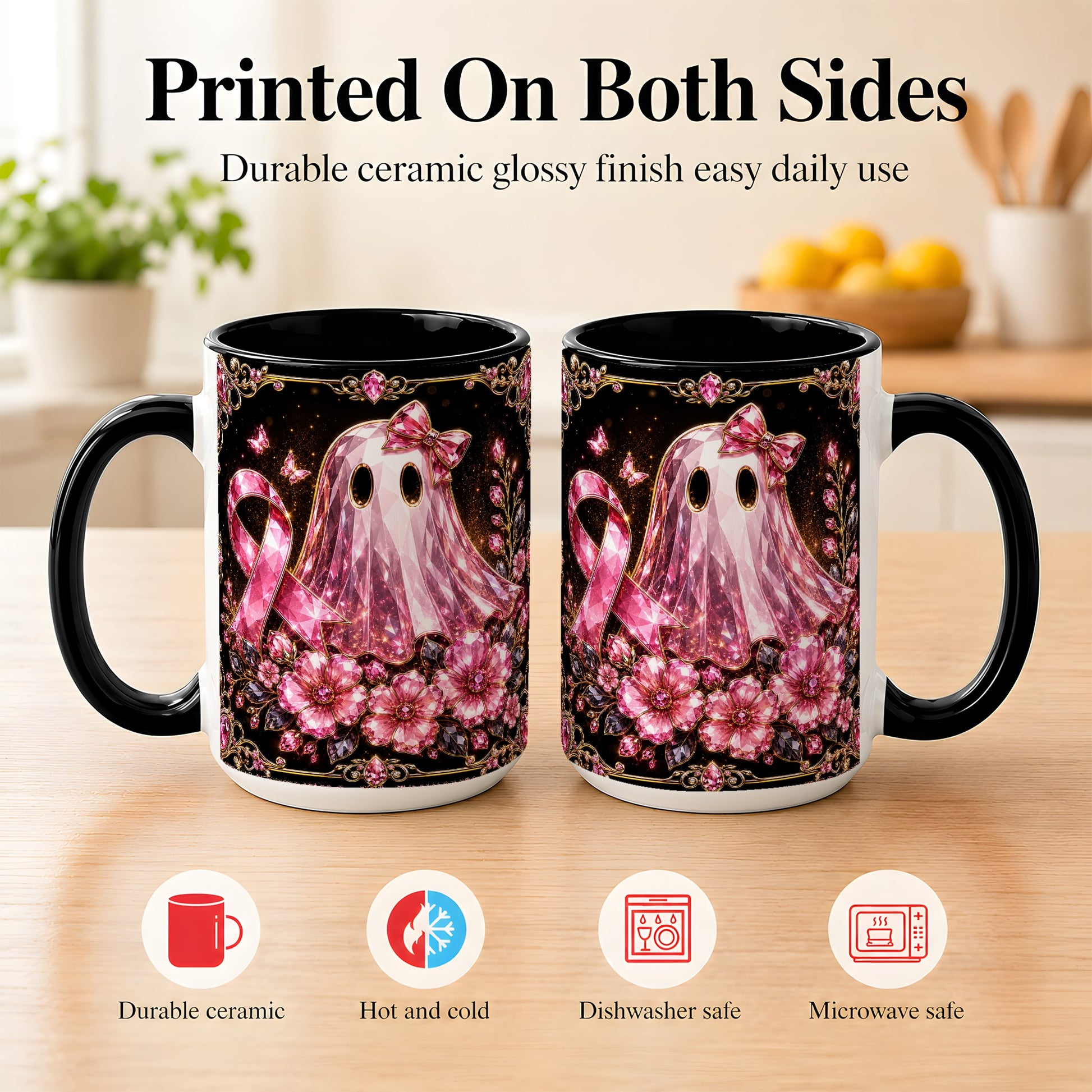 #pl[15oz|Black] Pink Ribbon Ghost Coffee Mug, Floral Awareness Mug, Ceramic Cup