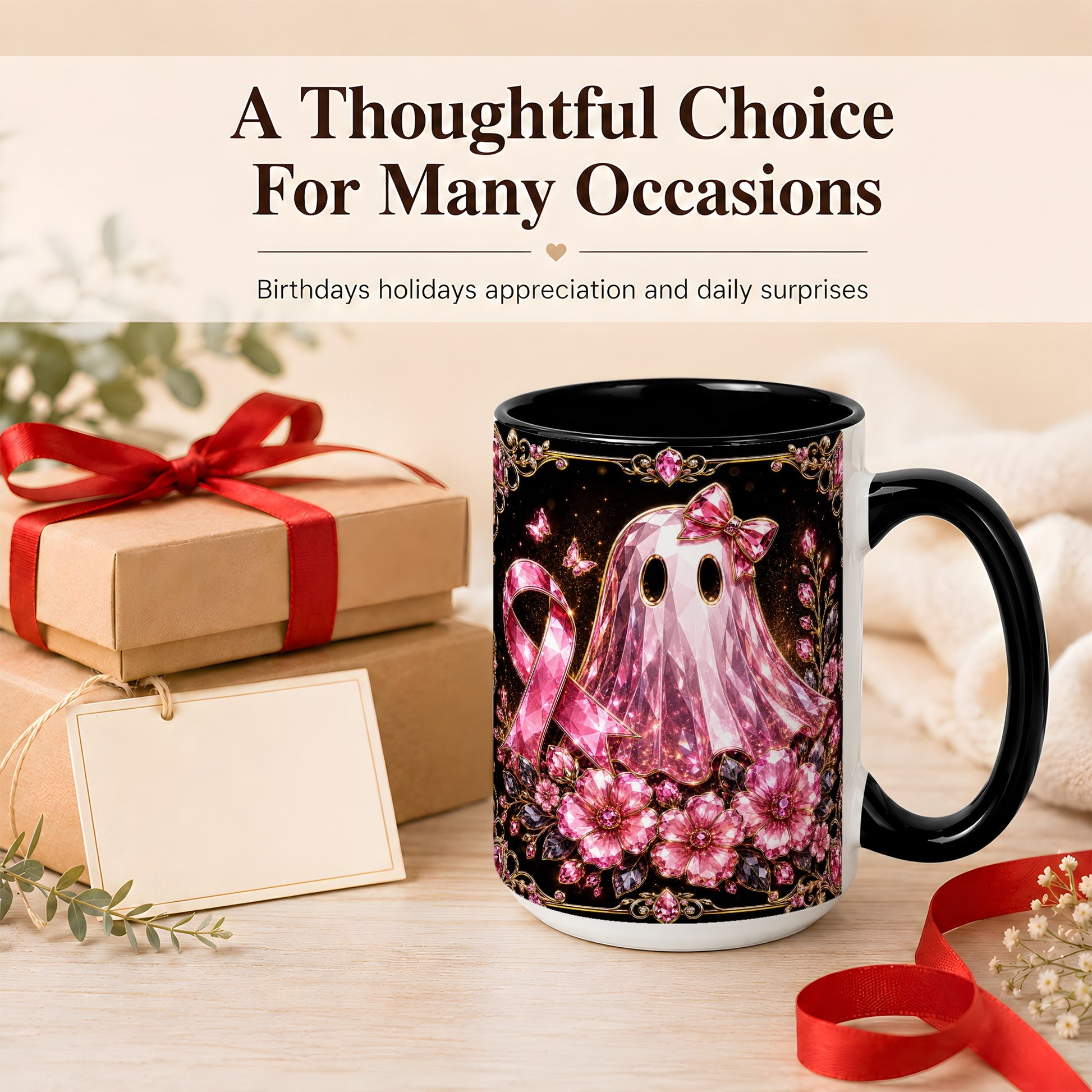 #pl[15oz|Black] Pink Ribbon Ghost Coffee Mug, Floral Awareness Mug, Ceramic Cup