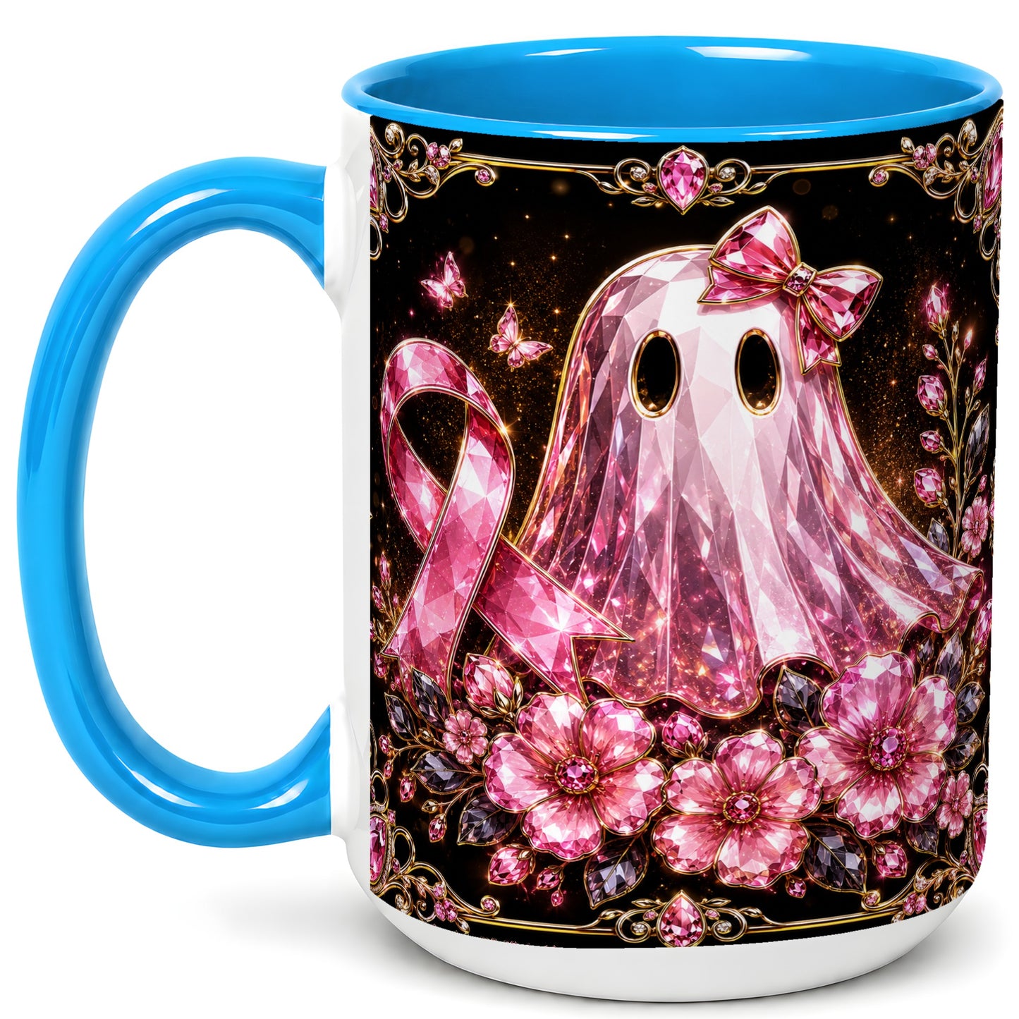 #pl[15oz|Blue] Pink Ribbon Ghost Coffee Mug, Floral Awareness Mug, Ceramic Cup