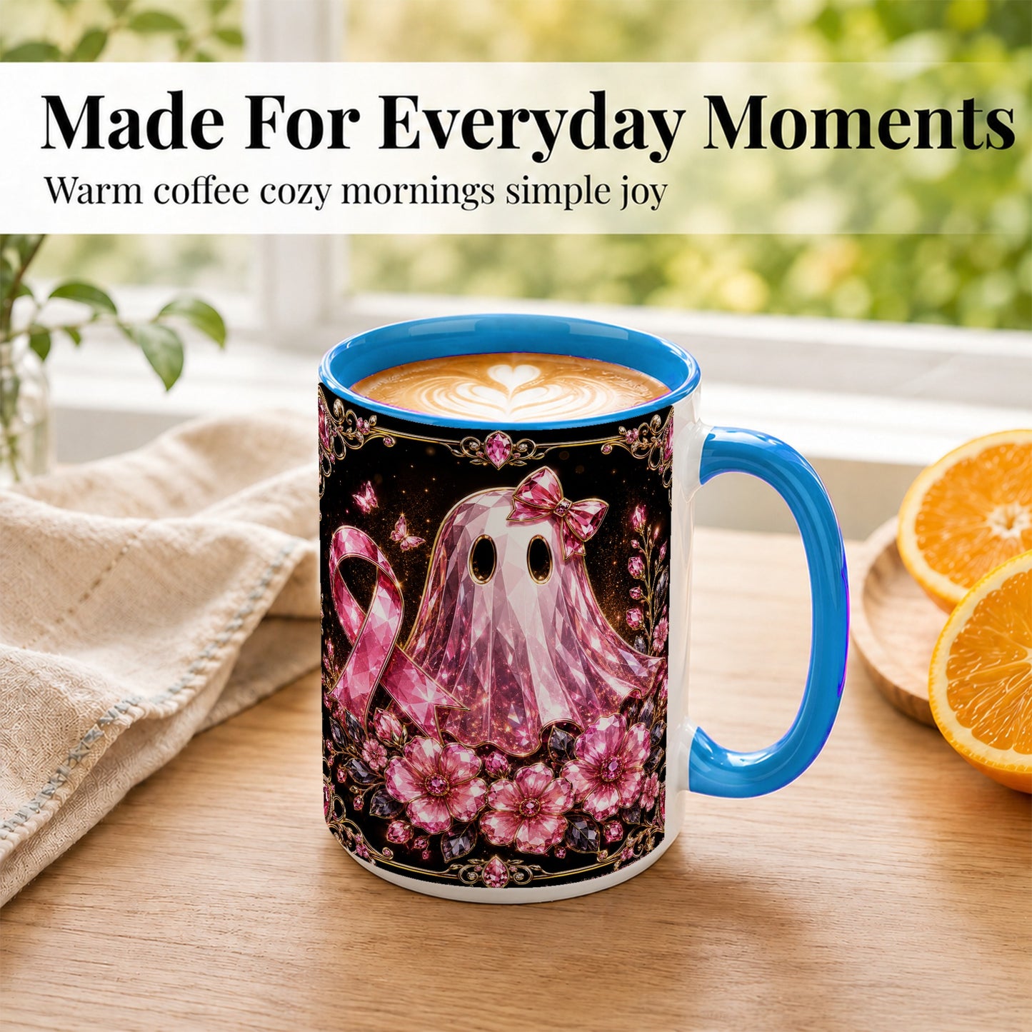 #pl[15oz|Blue] Pink Ribbon Ghost Coffee Mug, Floral Awareness Mug, Ceramic Cup