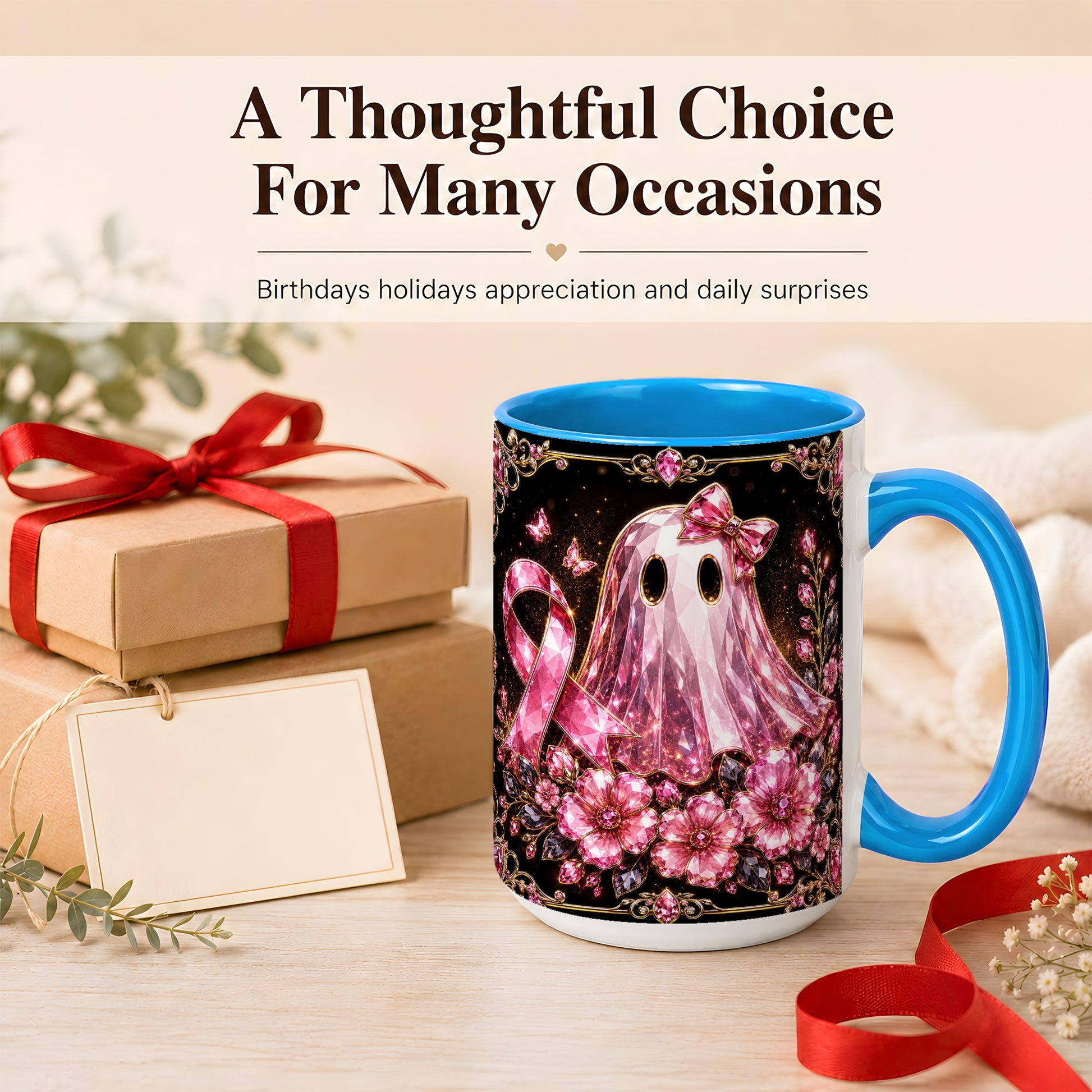 #pl[15oz|Blue] Pink Ribbon Ghost Coffee Mug, Floral Awareness Mug, Ceramic Cup