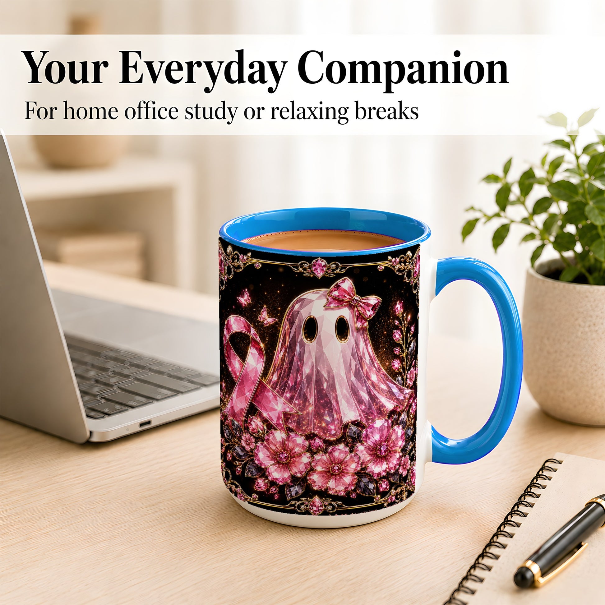 #pl[15oz|Blue] Pink Ribbon Ghost Coffee Mug, Floral Awareness Mug, Ceramic Cup
