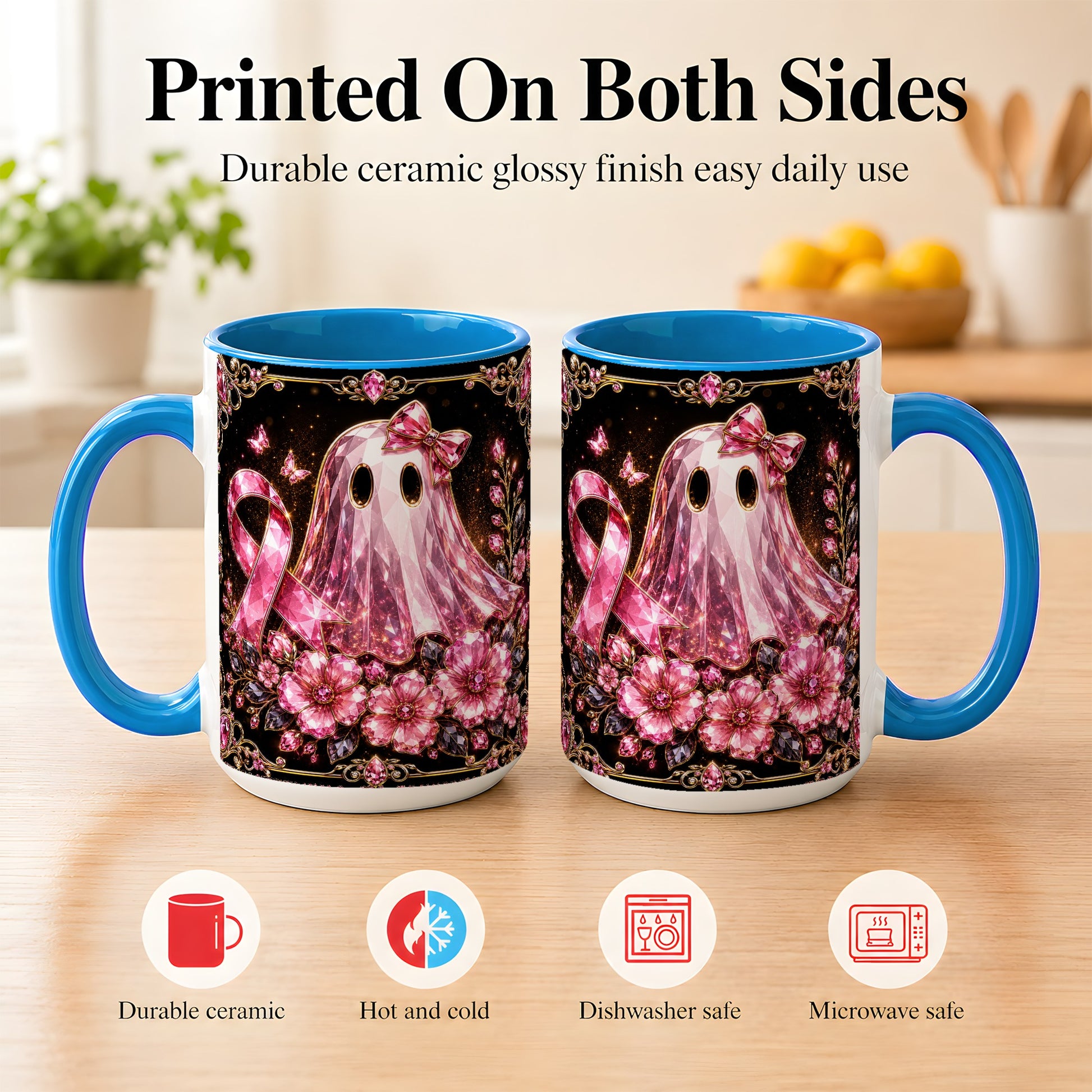 #pl[15oz|Blue] Pink Ribbon Ghost Coffee Mug, Floral Awareness Mug, Ceramic Cup