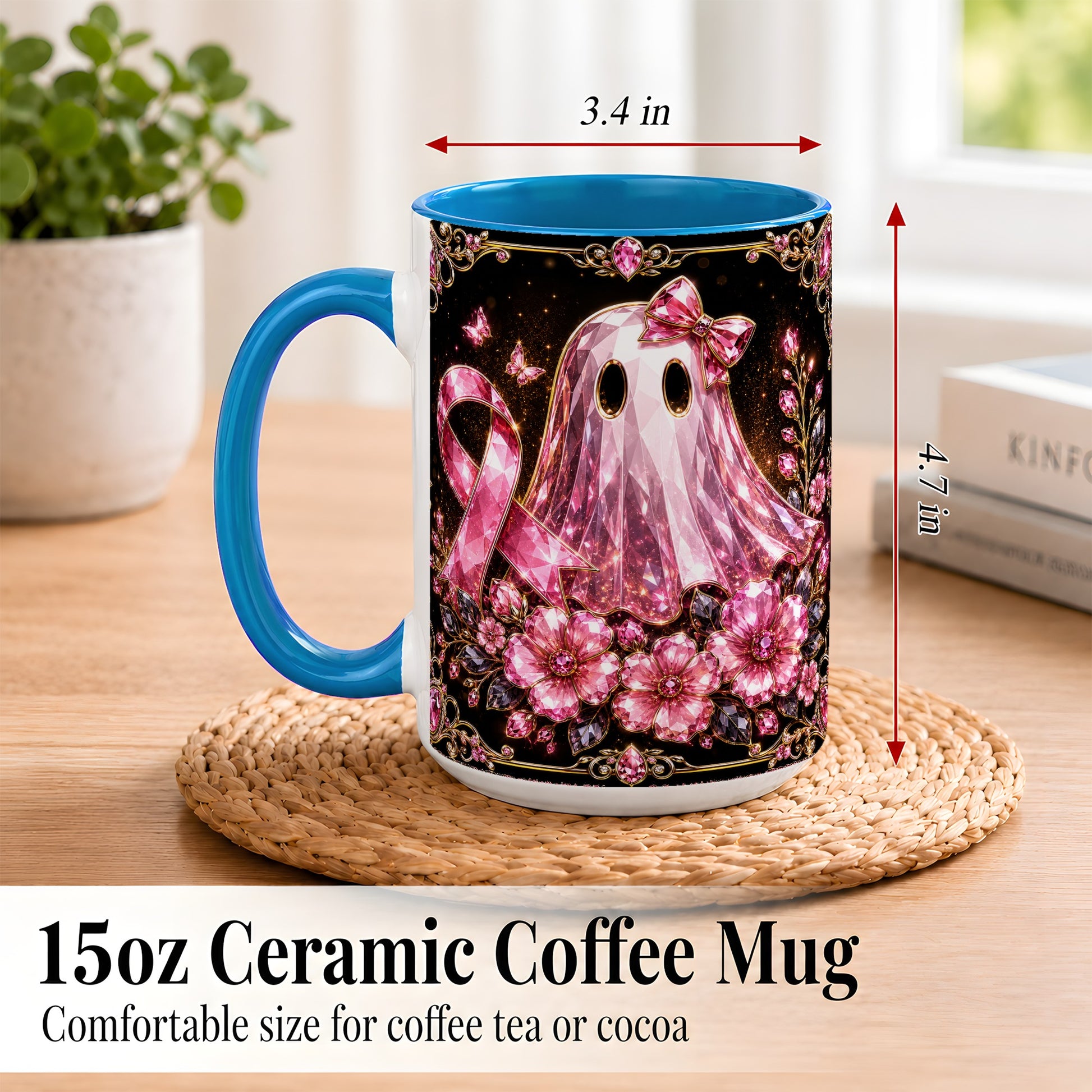 #pl[15oz|Blue] Pink Ribbon Ghost Coffee Mug, Floral Awareness Mug, Ceramic Cup