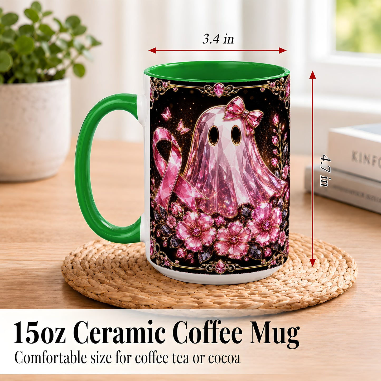 #pl[15oz|Green] Pink Ribbon Ghost Coffee Mug, Floral Awareness Mug, Ceramic Cup