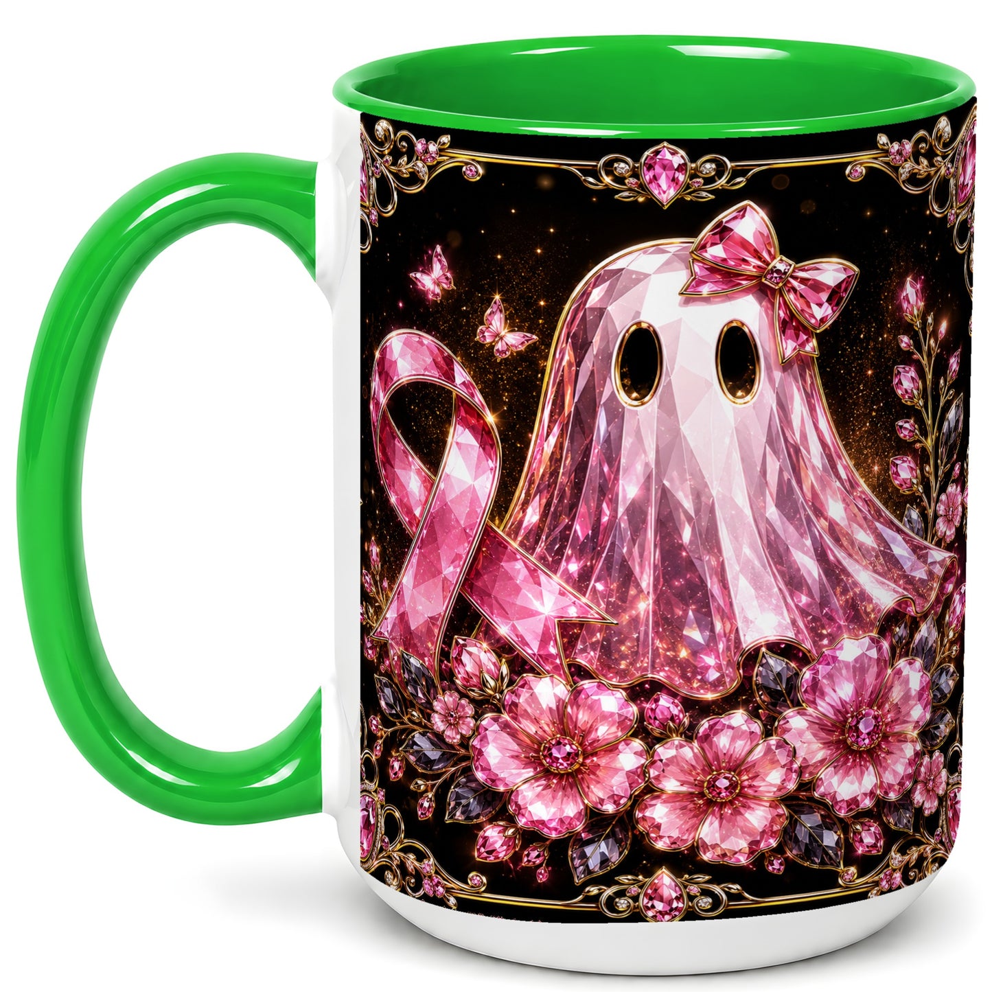 #pl[15oz|Green] Pink Ribbon Ghost Coffee Mug, Floral Awareness Mug, Ceramic Cup