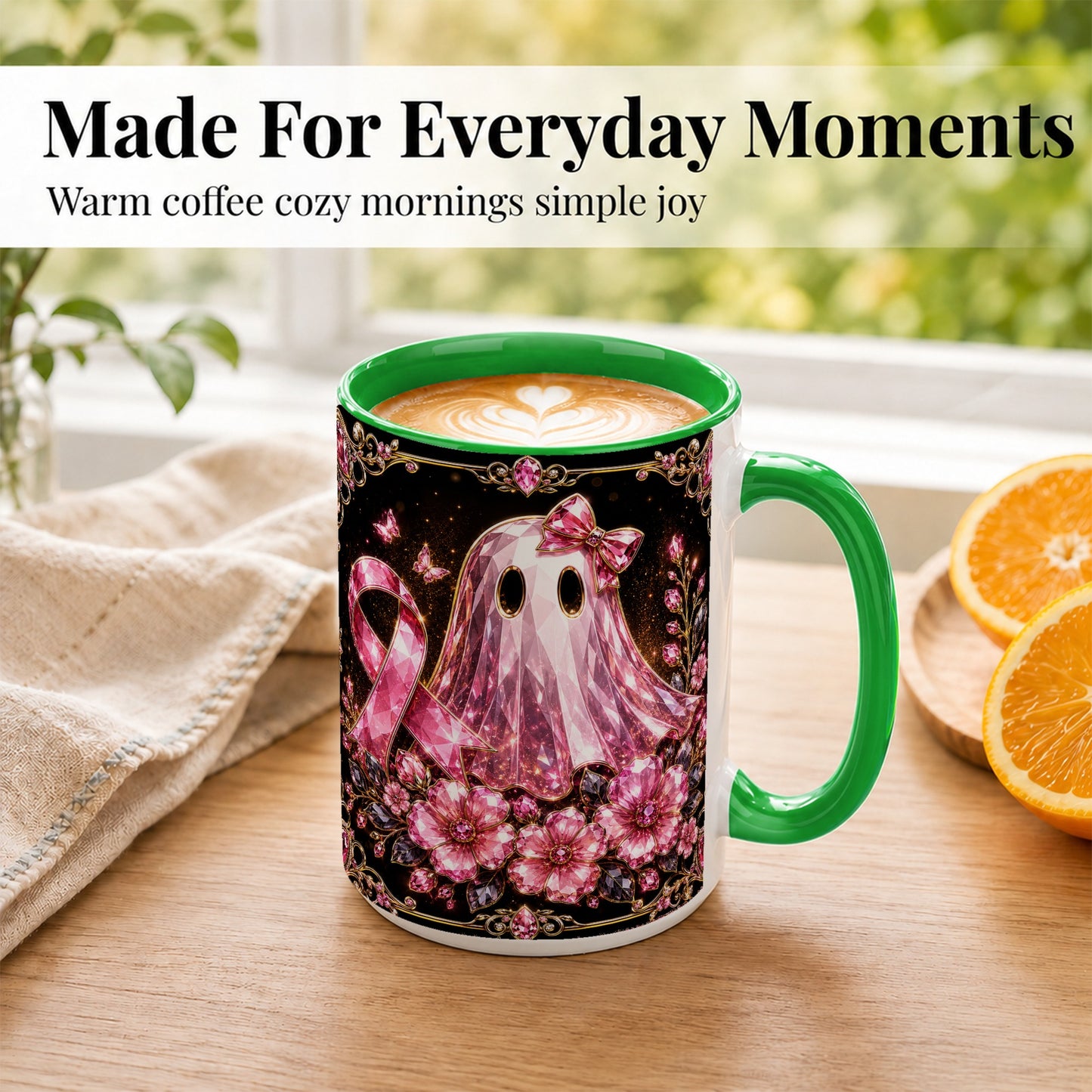 #pl[15oz|Green] Pink Ribbon Ghost Coffee Mug, Floral Awareness Mug, Ceramic Cup