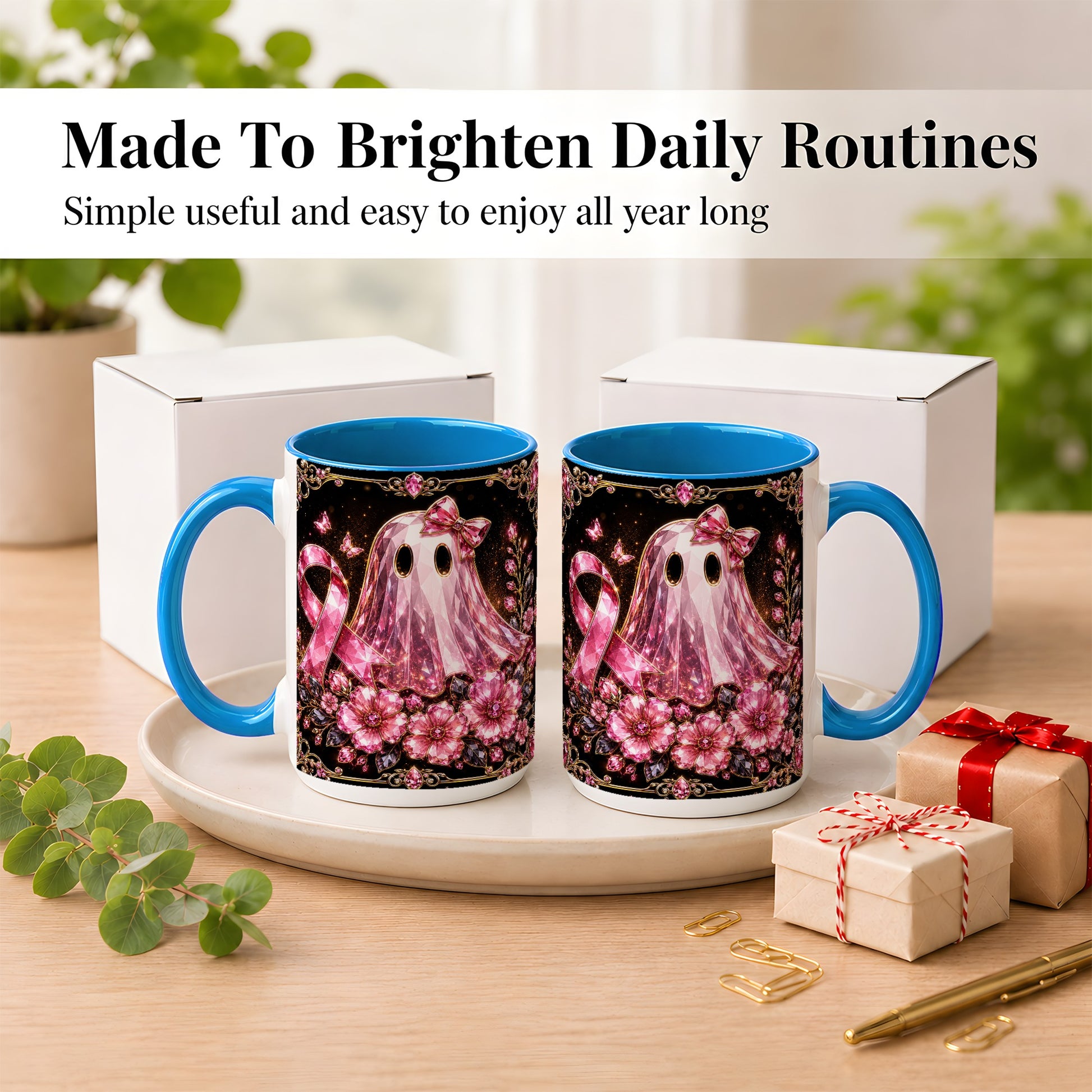 #pl[15oz|Blue] Pink Ribbon Ghost Coffee Mug, Floral Awareness Mug, Ceramic Cup