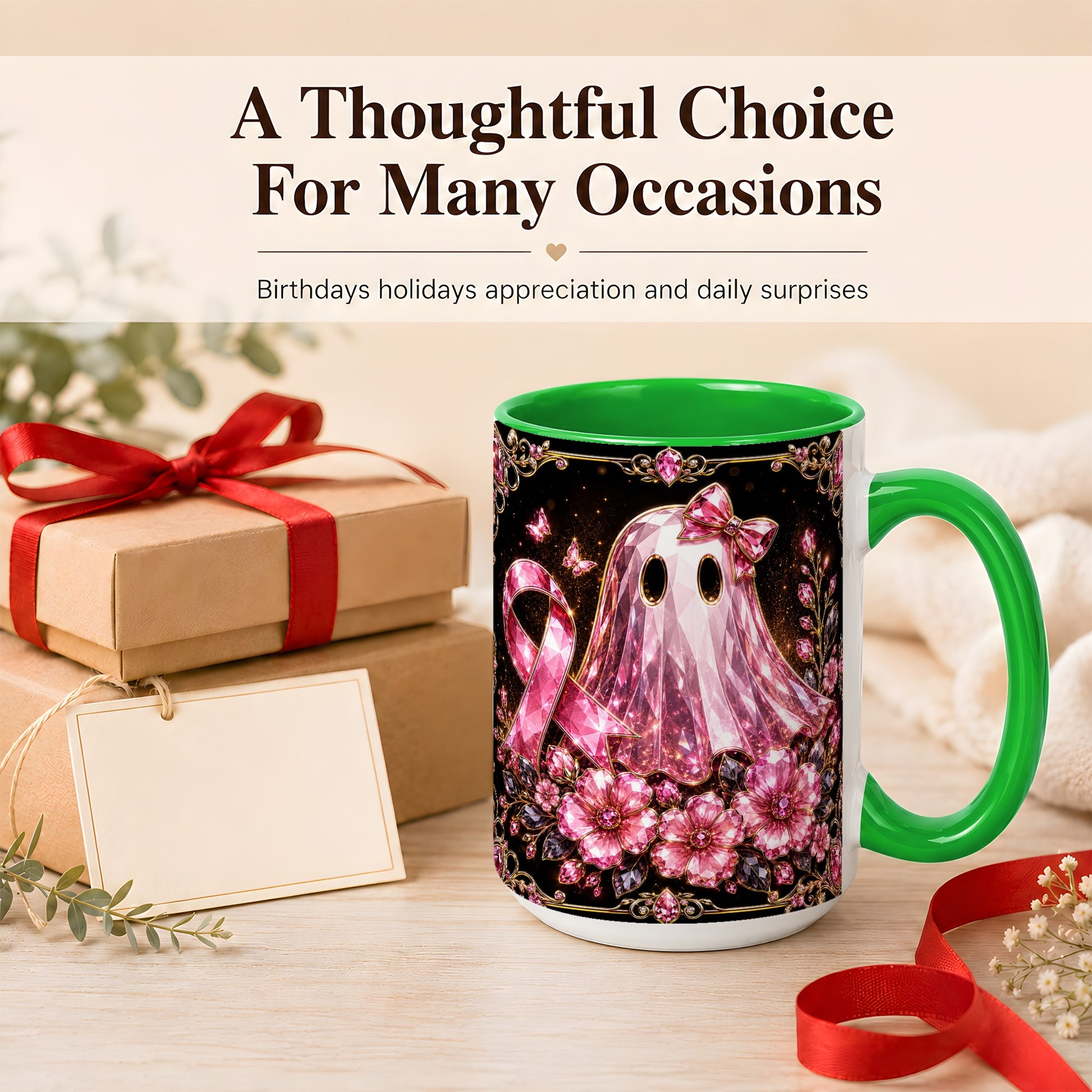 #pl[15oz|Green] Pink Ribbon Ghost Coffee Mug, Floral Awareness Mug, Ceramic Cup