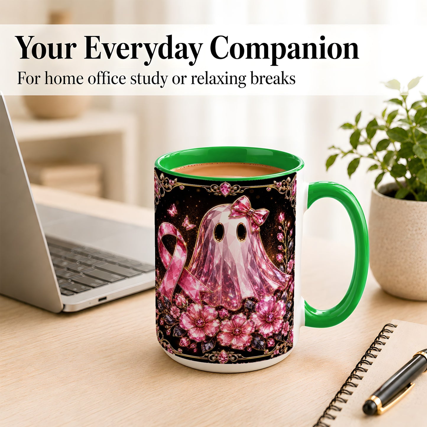 #pl[15oz|Green] Pink Ribbon Ghost Coffee Mug, Floral Awareness Mug, Ceramic Cup