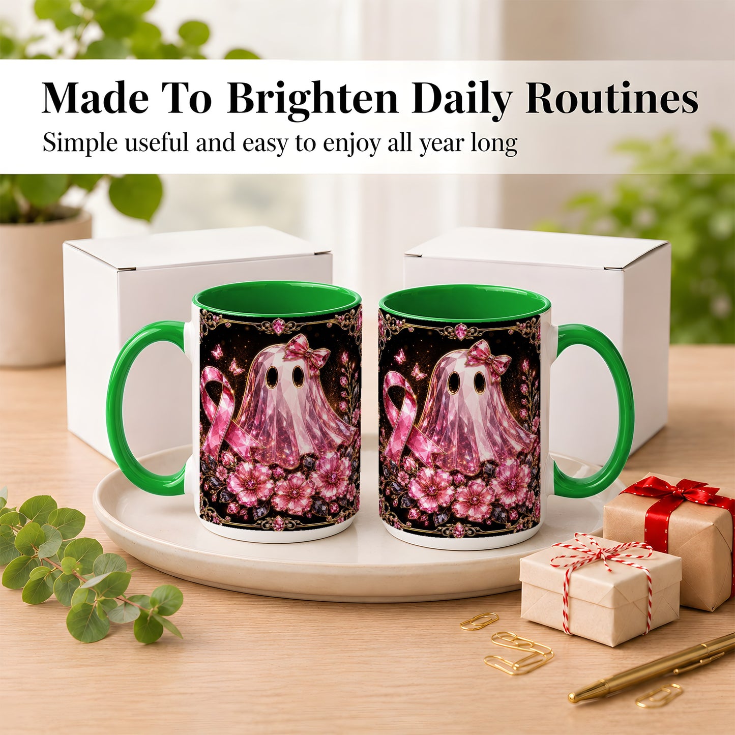 #pl[15oz|Green] Pink Ribbon Ghost Coffee Mug, Floral Awareness Mug, Ceramic Cup