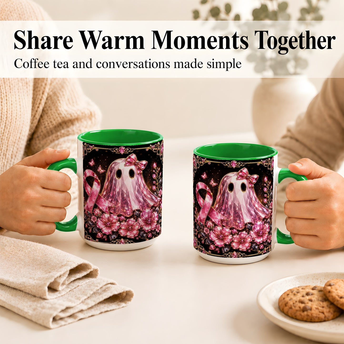 #pl[15oz|Green] Pink Ribbon Ghost Coffee Mug, Floral Awareness Mug, Ceramic Cup