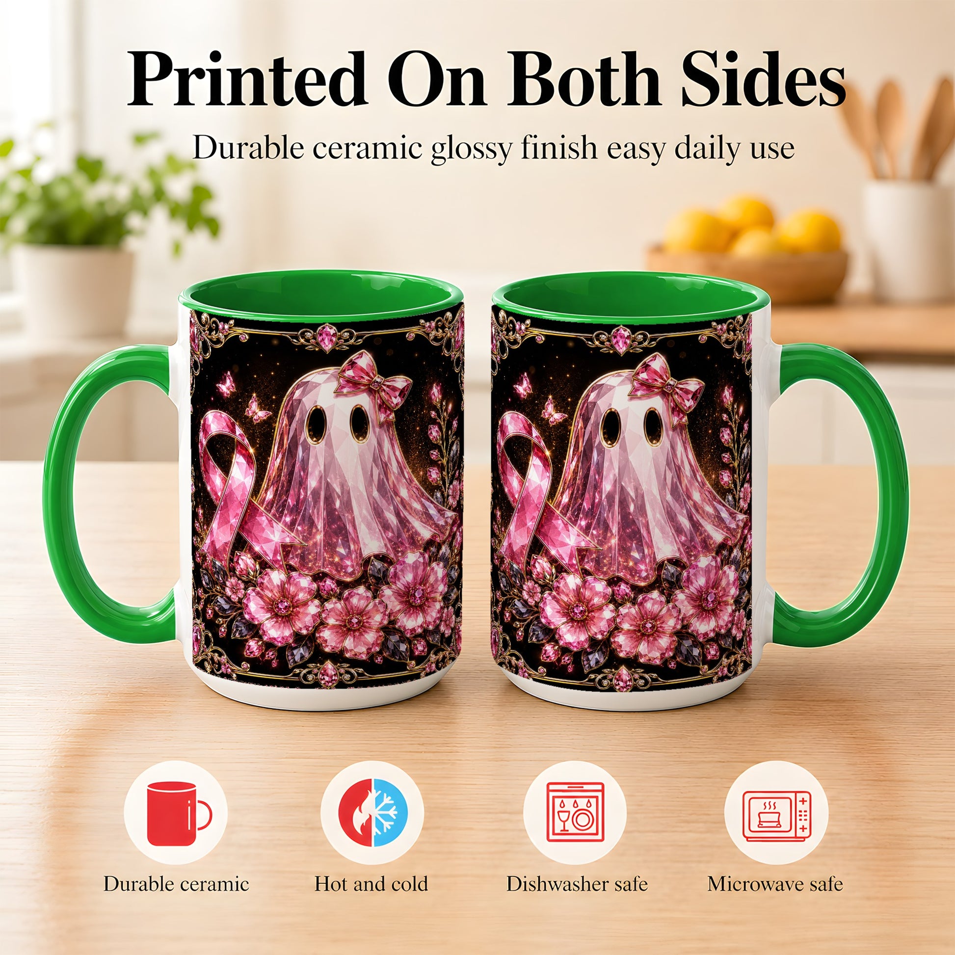 #pl[15oz|Green] Pink Ribbon Ghost Coffee Mug, Floral Awareness Mug, Ceramic Cup