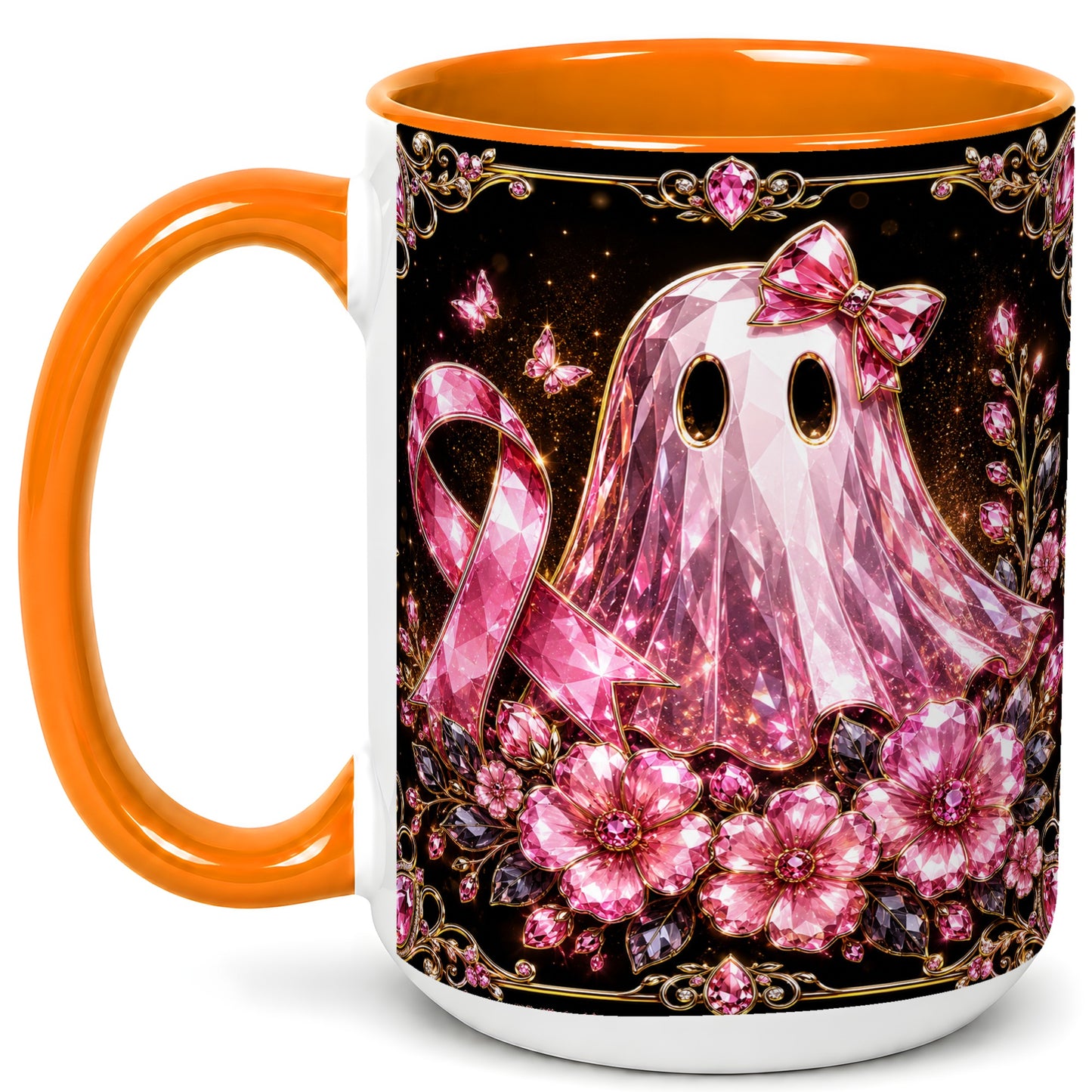 #pl[15oz|Orange] Pink Ribbon Ghost Coffee Mug, Floral Awareness Mug, Ceramic Cup