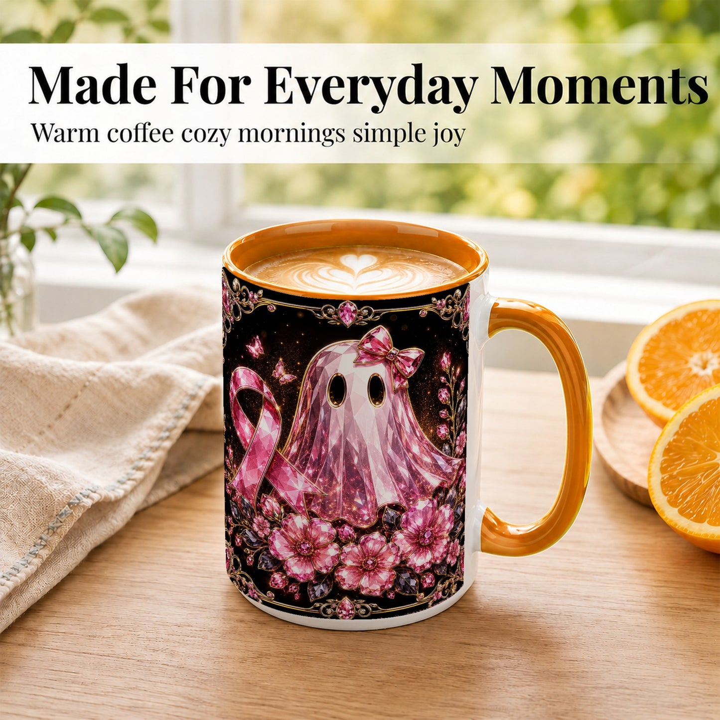 #pl[15oz|Orange] Pink Ribbon Ghost Coffee Mug, Floral Awareness Mug, Ceramic Cup