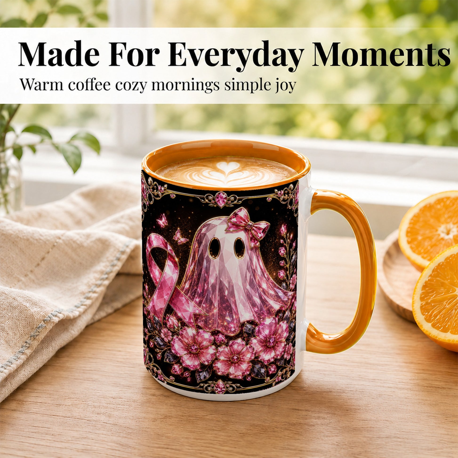 #pl[15oz|Orange] Pink Ribbon Ghost Coffee Mug, Floral Awareness Mug, Ceramic Cup