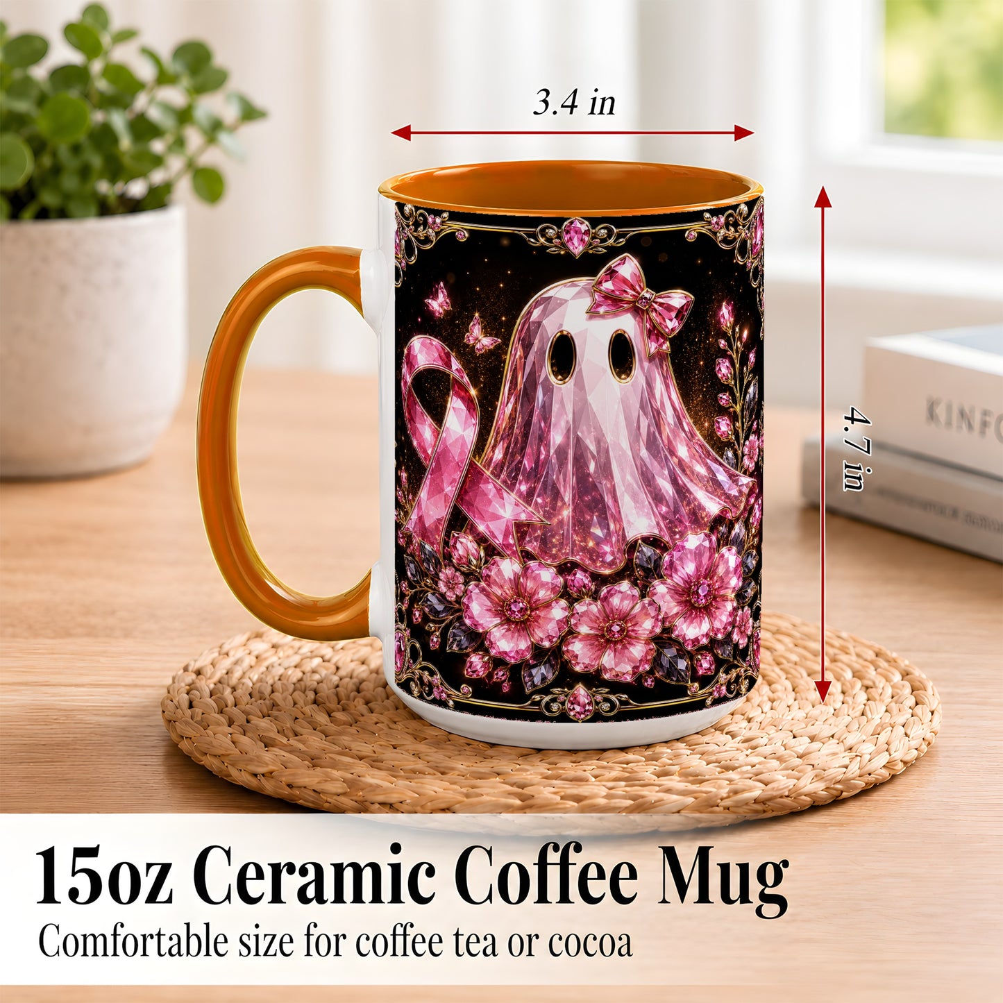 #pl[15oz|Orange] Pink Ribbon Ghost Coffee Mug, Floral Awareness Mug, Ceramic Cup