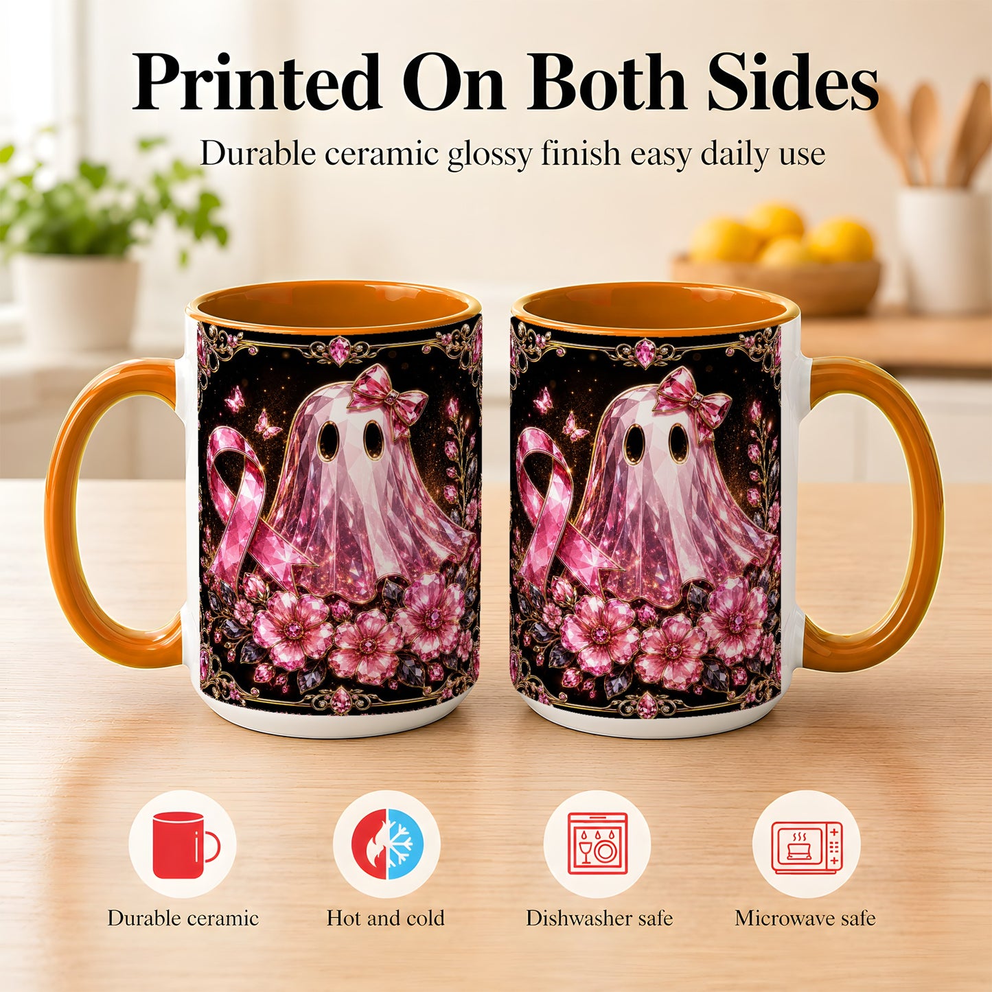 #pl[15oz|Orange] Pink Ribbon Ghost Coffee Mug, Floral Awareness Mug, Ceramic Cup