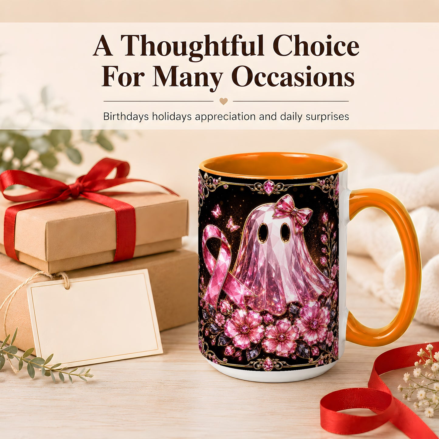 #pl[15oz|Orange] Pink Ribbon Ghost Coffee Mug, Floral Awareness Mug, Ceramic Cup