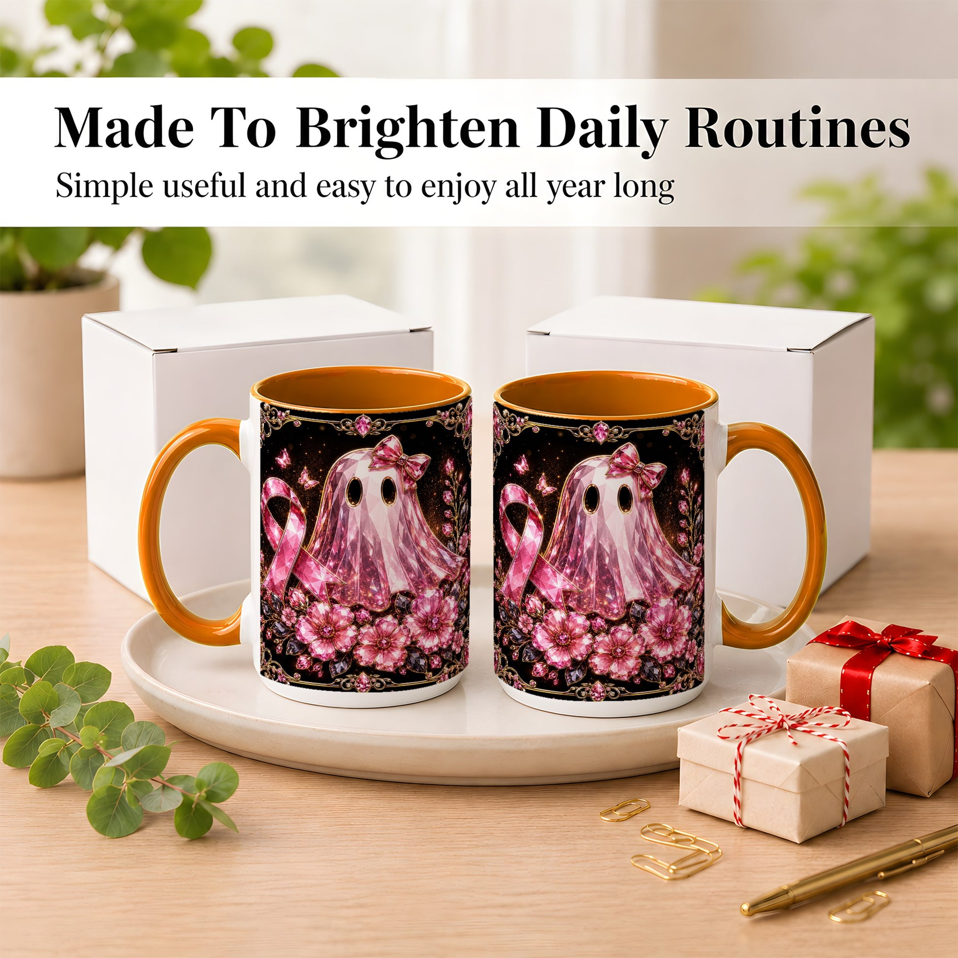 #pl[15oz|Orange] Pink Ribbon Ghost Coffee Mug, Floral Awareness Mug, Ceramic Cup