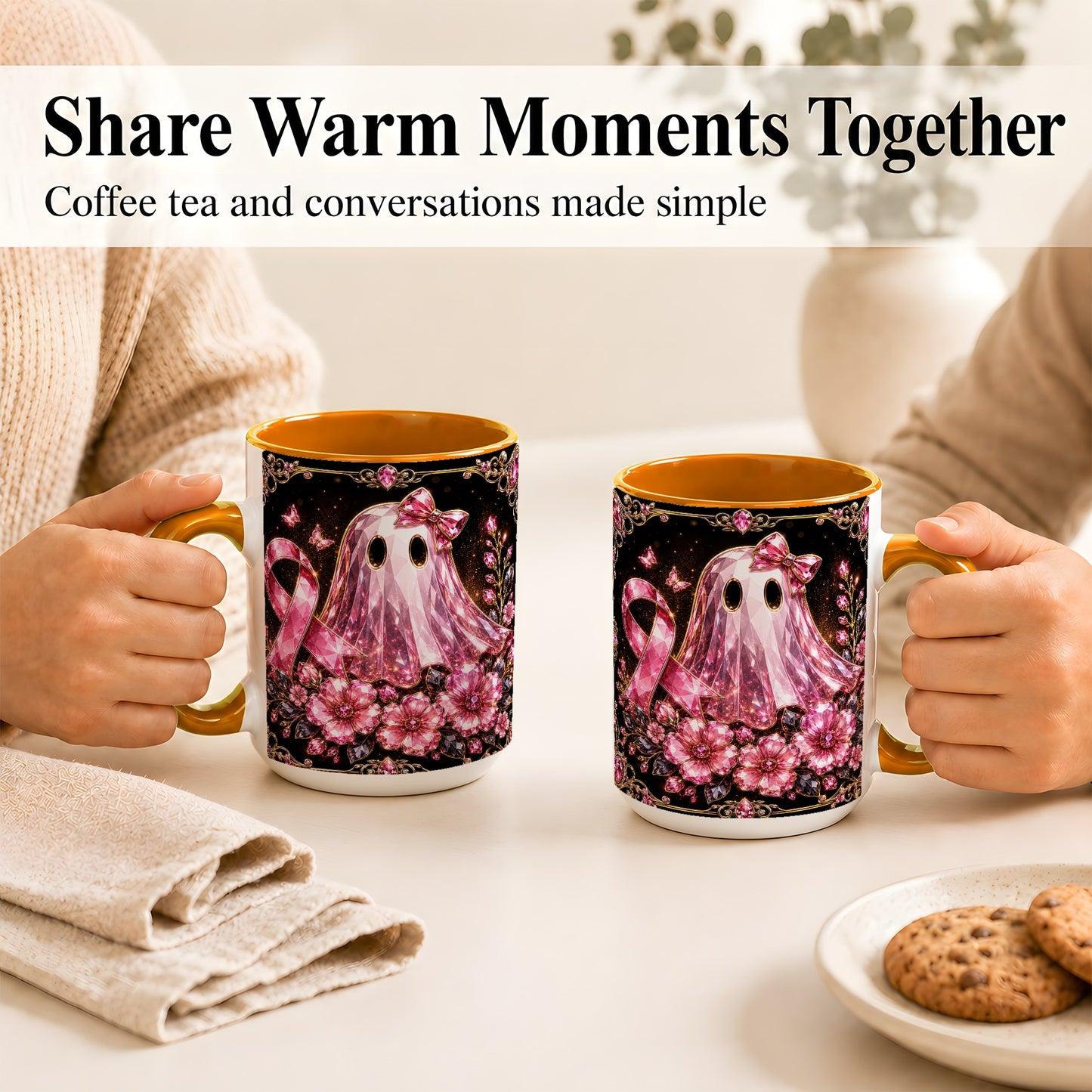 #pl[15oz|Orange] Pink Ribbon Ghost Coffee Mug, Floral Awareness Mug, Ceramic Cup