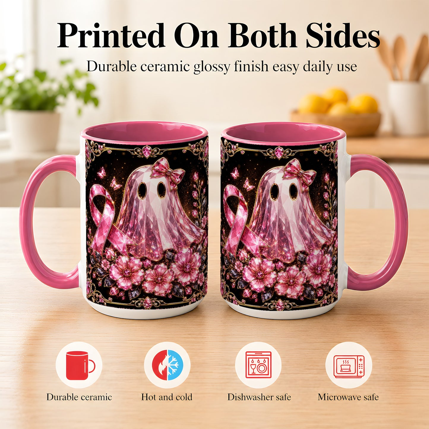 #pl[15oz|Pink] Pink Ribbon Ghost Coffee Mug, Floral Awareness Mug, Ceramic Cup