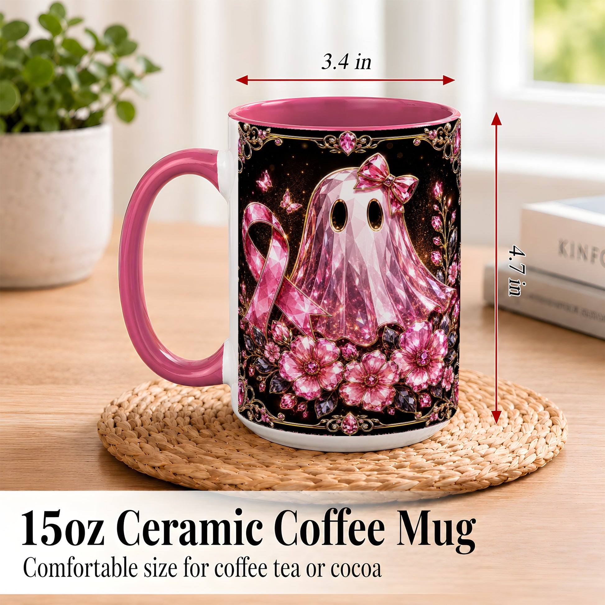 #pl[15oz|Pink] Pink Ribbon Ghost Coffee Mug, Floral Awareness Mug, Ceramic Cup
