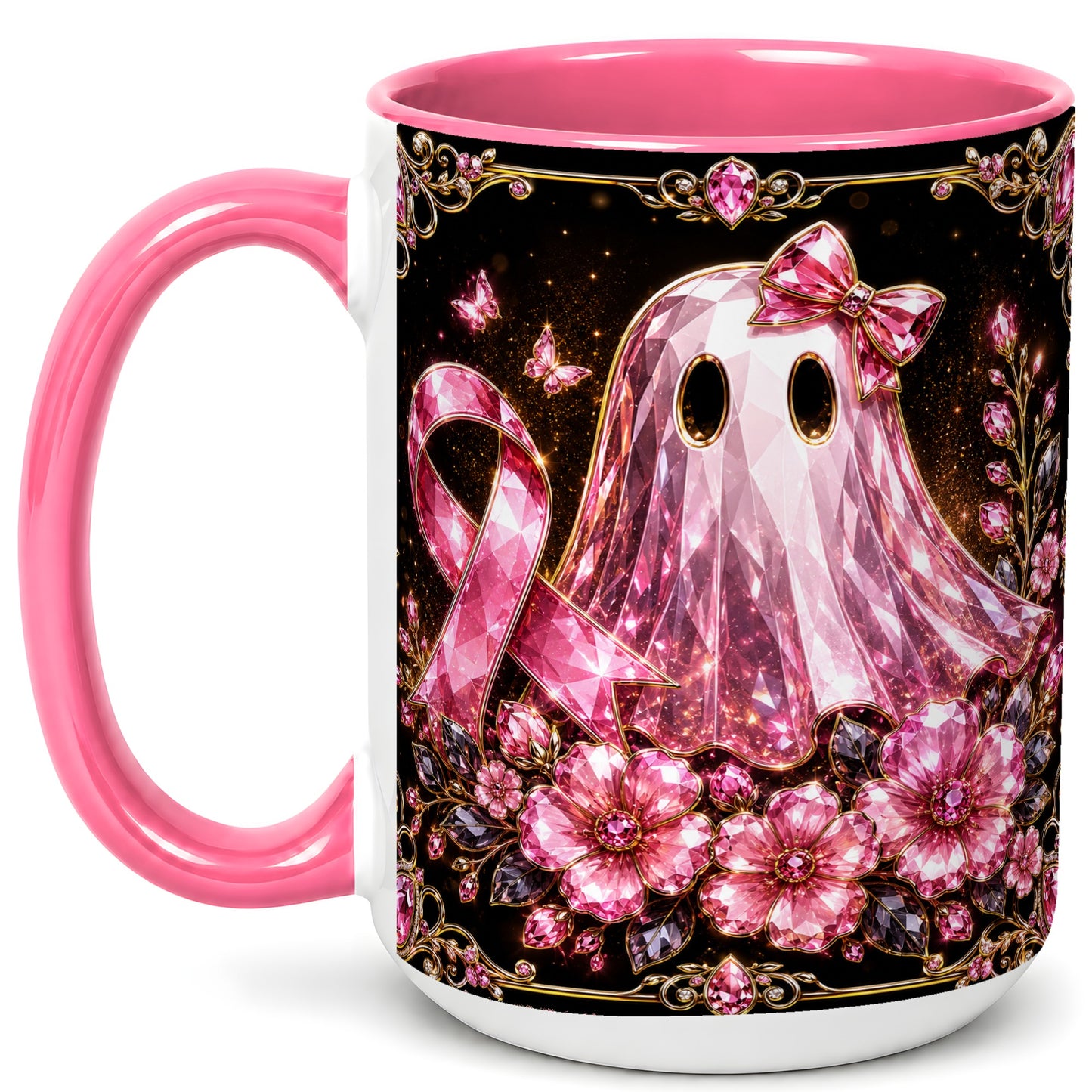 #pl[15oz|Pink] Pink Ribbon Ghost Coffee Mug, Floral Awareness Mug, Ceramic Cup