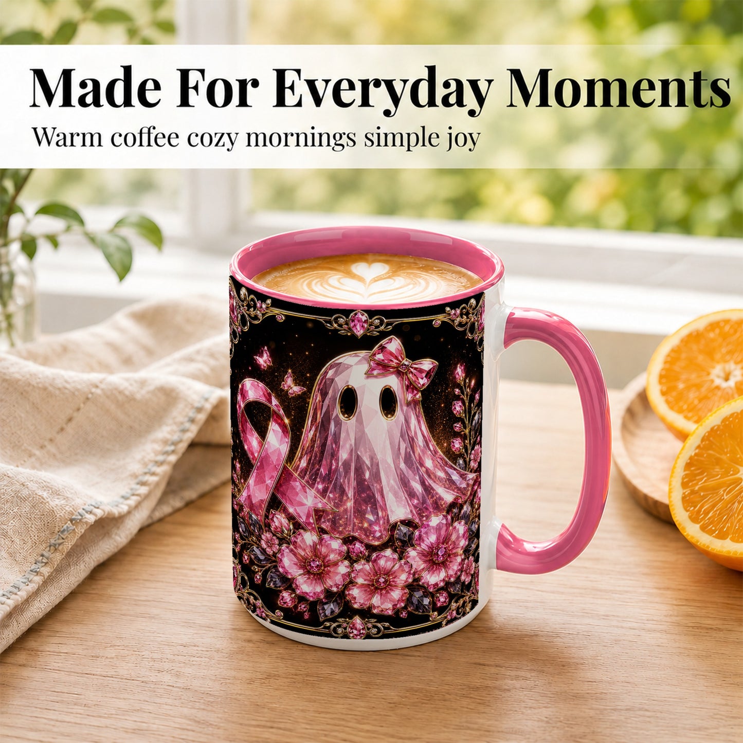 #pl[15oz|Pink] Pink Ribbon Ghost Coffee Mug, Floral Awareness Mug, Ceramic Cup