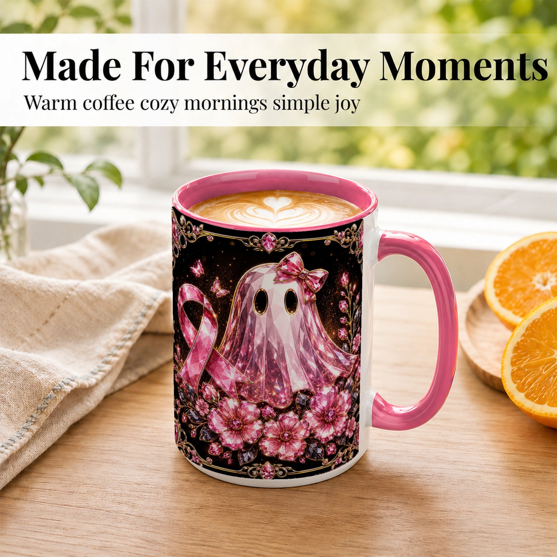 #pl[15oz|Pink] Pink Ribbon Ghost Coffee Mug, Floral Awareness Mug, Ceramic Cup