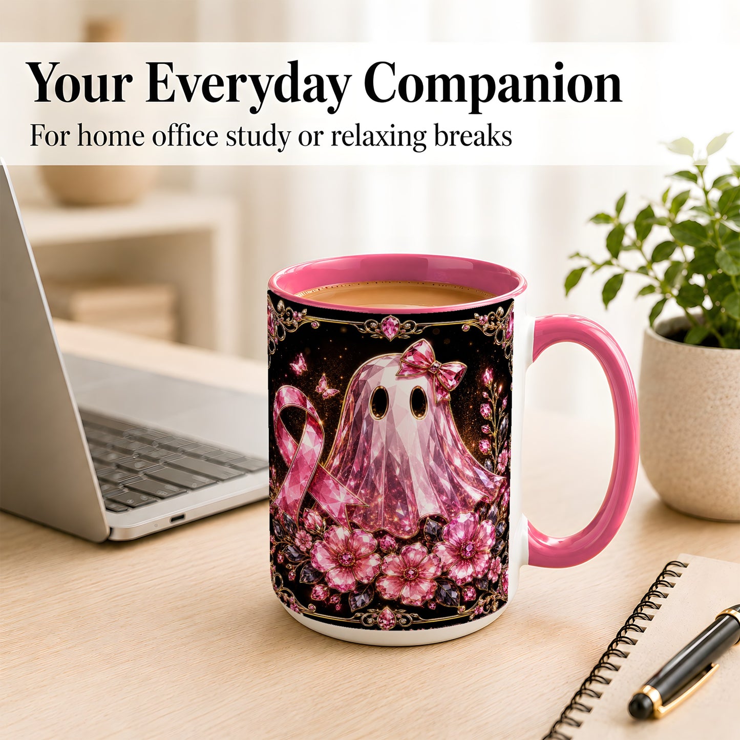 #pl[15oz|Pink] Pink Ribbon Ghost Coffee Mug, Floral Awareness Mug, Ceramic Cup
