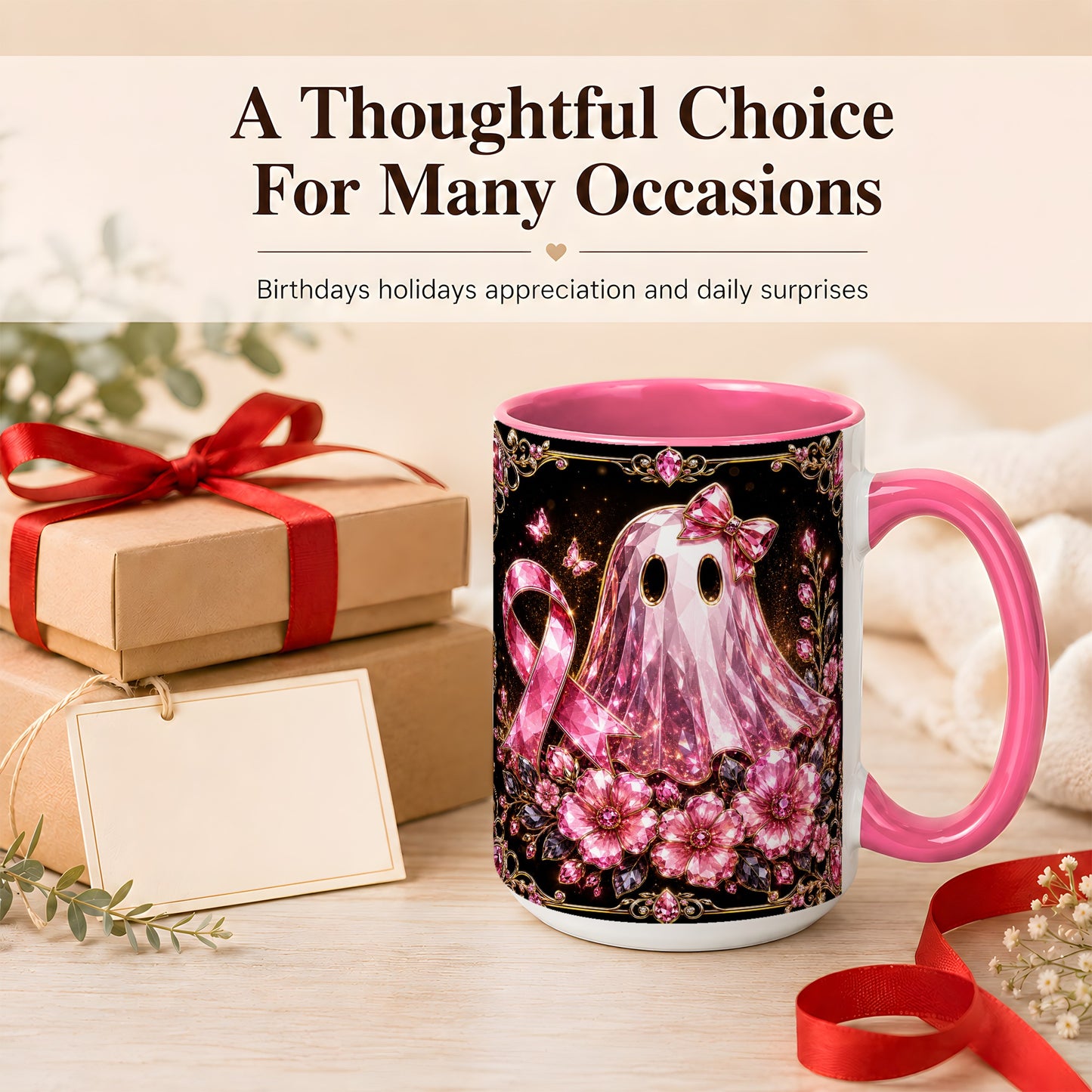#pl[15oz|Pink] Pink Ribbon Ghost Coffee Mug, Floral Awareness Mug, Ceramic Cup