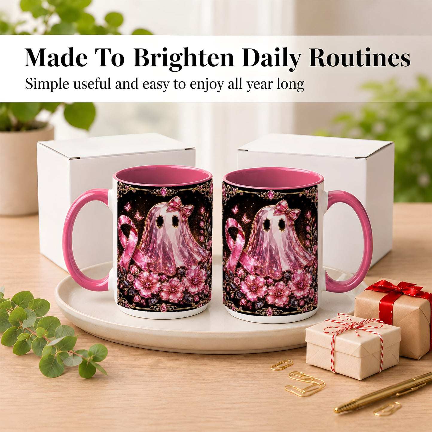 #pl[15oz|Pink] Pink Ribbon Ghost Coffee Mug, Floral Awareness Mug, Ceramic Cup